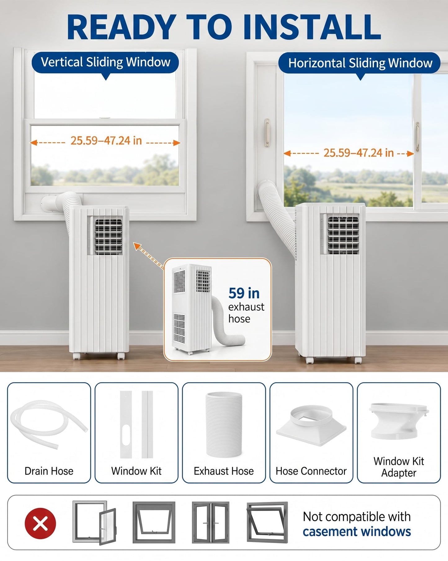 8,000 BTU Portable Air Conditioners, Cools Room Up to 350 Sq.Ft, 4-in-1 AC Unit with Dehumidifier & Fan Mode, Remote Control, Ultra-Quiet 50dB, White & Black, Easy Window Kit