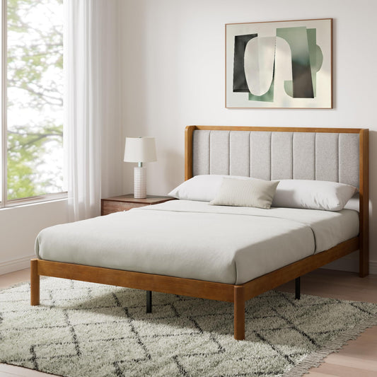 Zinus Jonas Bamboo Platform Bed Frame, Wingback Headboard, Mid-Century Modern Design, Plush Upholstered Comfort, Sustainable Bamboo, Fits Any Bedroom Style, No Box Spring Needed, Queen