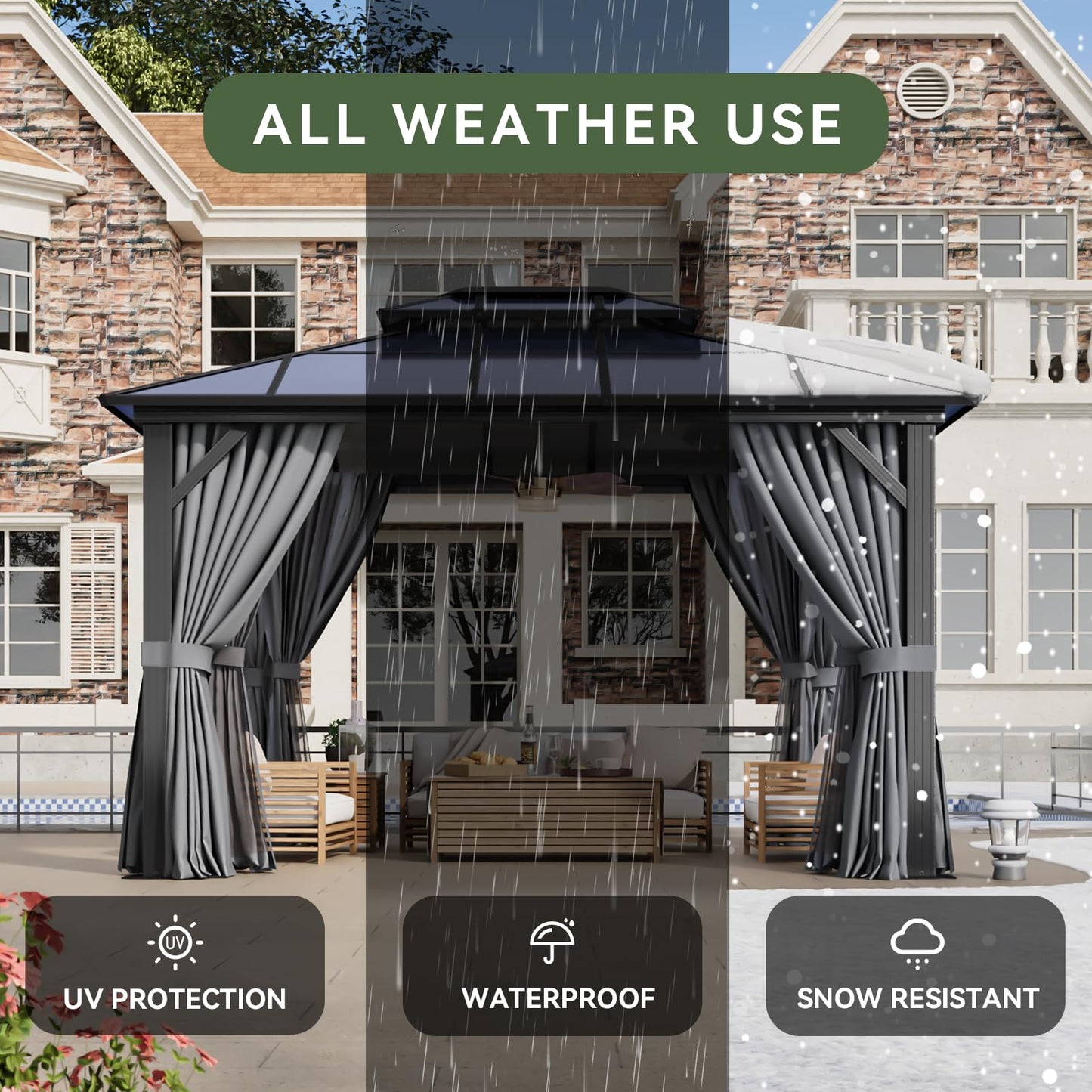 Aoxun 10'x12' Hardtop Gazebo, Aluminum Frame Permanent Pavilion with Curtains and Netting, Outdoor Polycarbonate Double Roof Canopy for Garden, Lawns, Patio