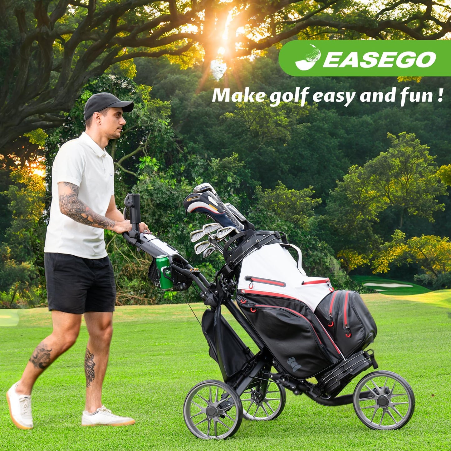 EASEGO Golf Push Cart 3 Wheel : Golf Bag Cart Foldable with Phone/Cup/Umbrella Holder Compact Golf Pull Carts Quick Fold Golf Caddy Push Carts with Large Wheelbase for Different Terrain (Gray)