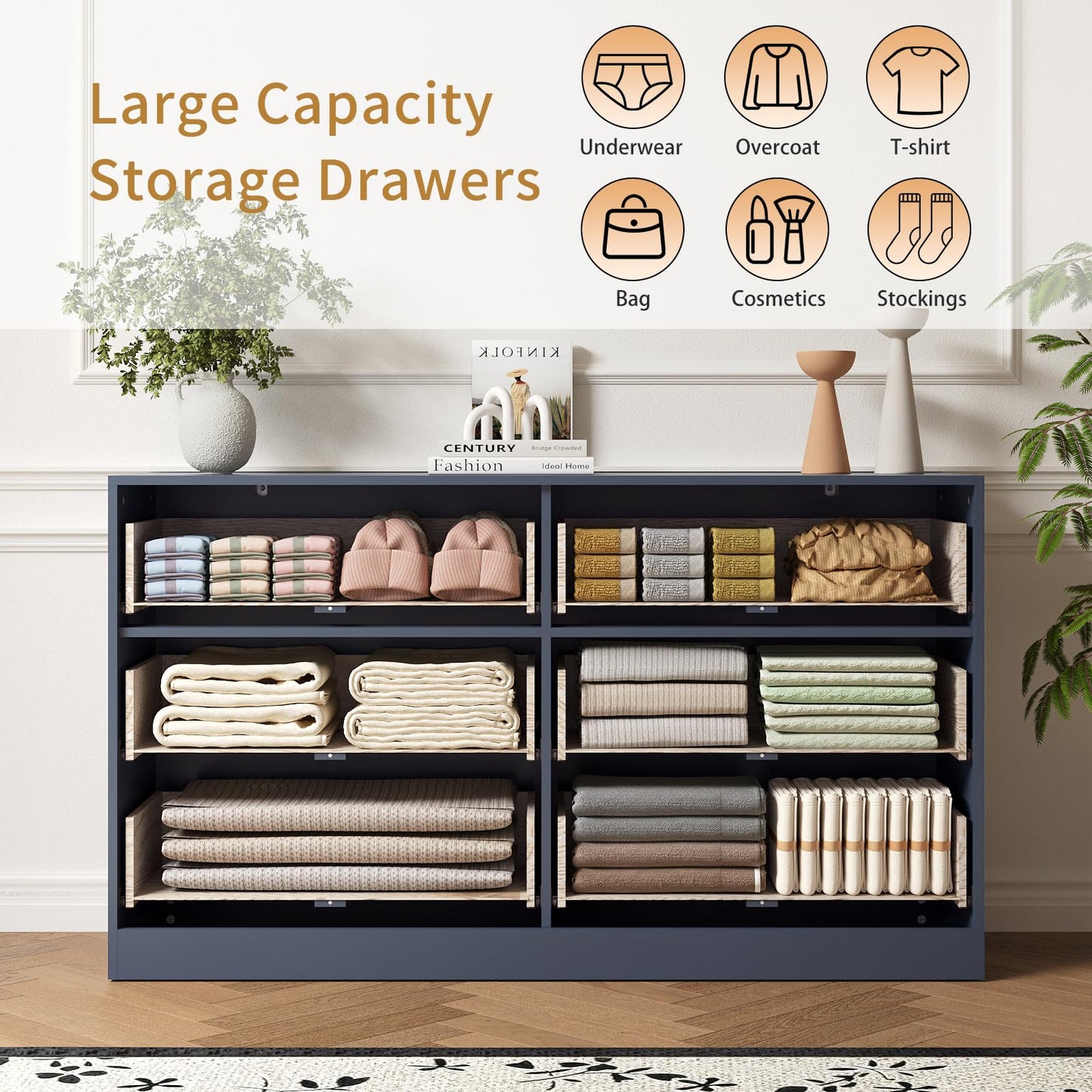 Sscaktu 6 Drawer Fluted Dresser for the Bedroom, 55" Wide Wooden Dresser with Deep Drawers, Large Floor Chest of Drawers, Modern Long TV Stand, Storage Cabinet for Livingroom, Hallway, Blue