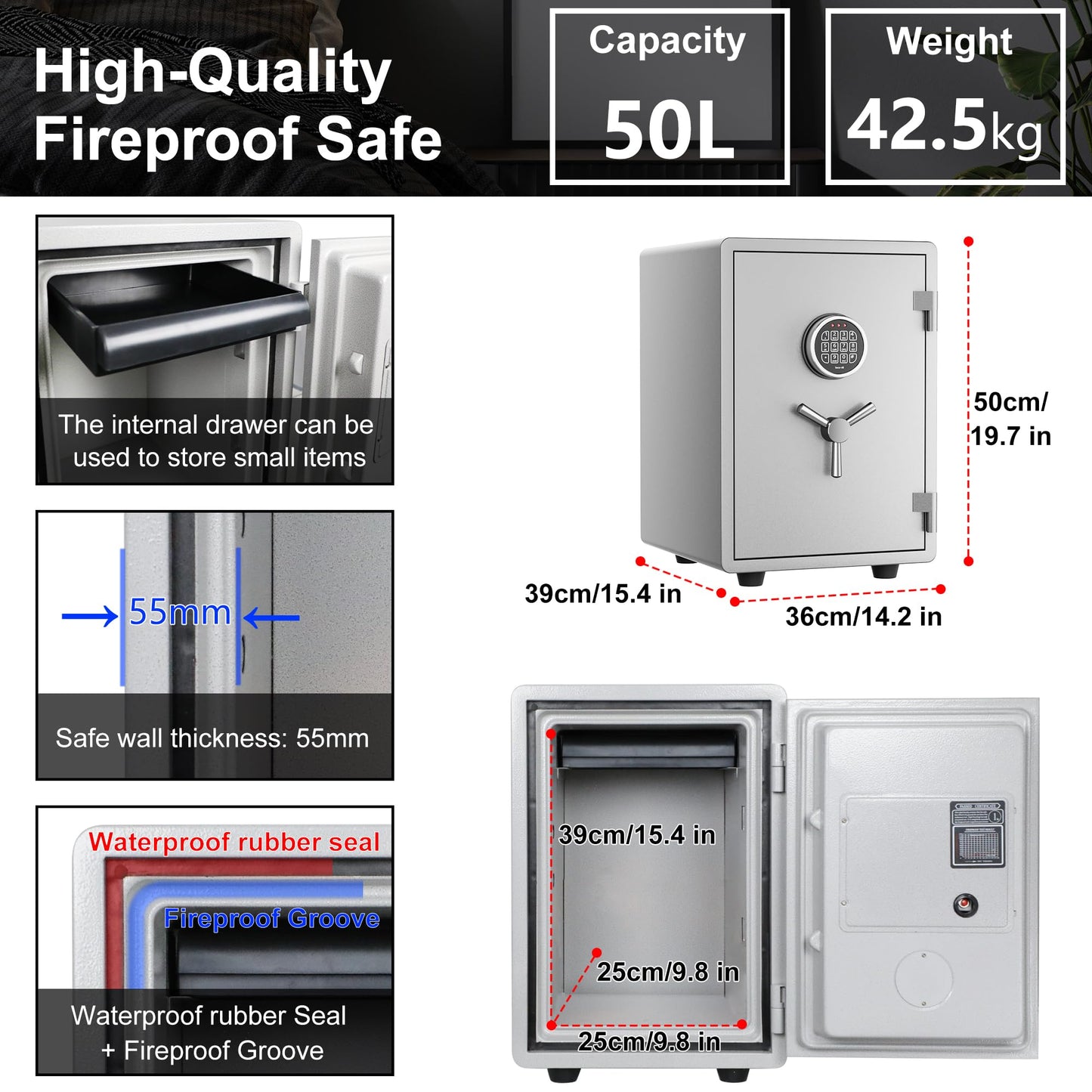 Waterproof and Fireproof Safe Box for Home with Digital - 0.9 Cubic Feet 94 lbs Heavy 1 Hours Fire Proof Safes - Home Safes Box for Firearm Medicine Money Valuables Document (Black, 94 LBS)
