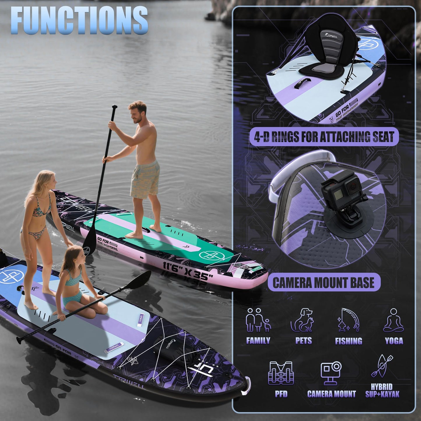 UPWELL 11'6"×35" Extra Wide Inflatable Paddle Board, Stand Up Paddle Board, Sup Paddle Boards for Adults, Mech Purple