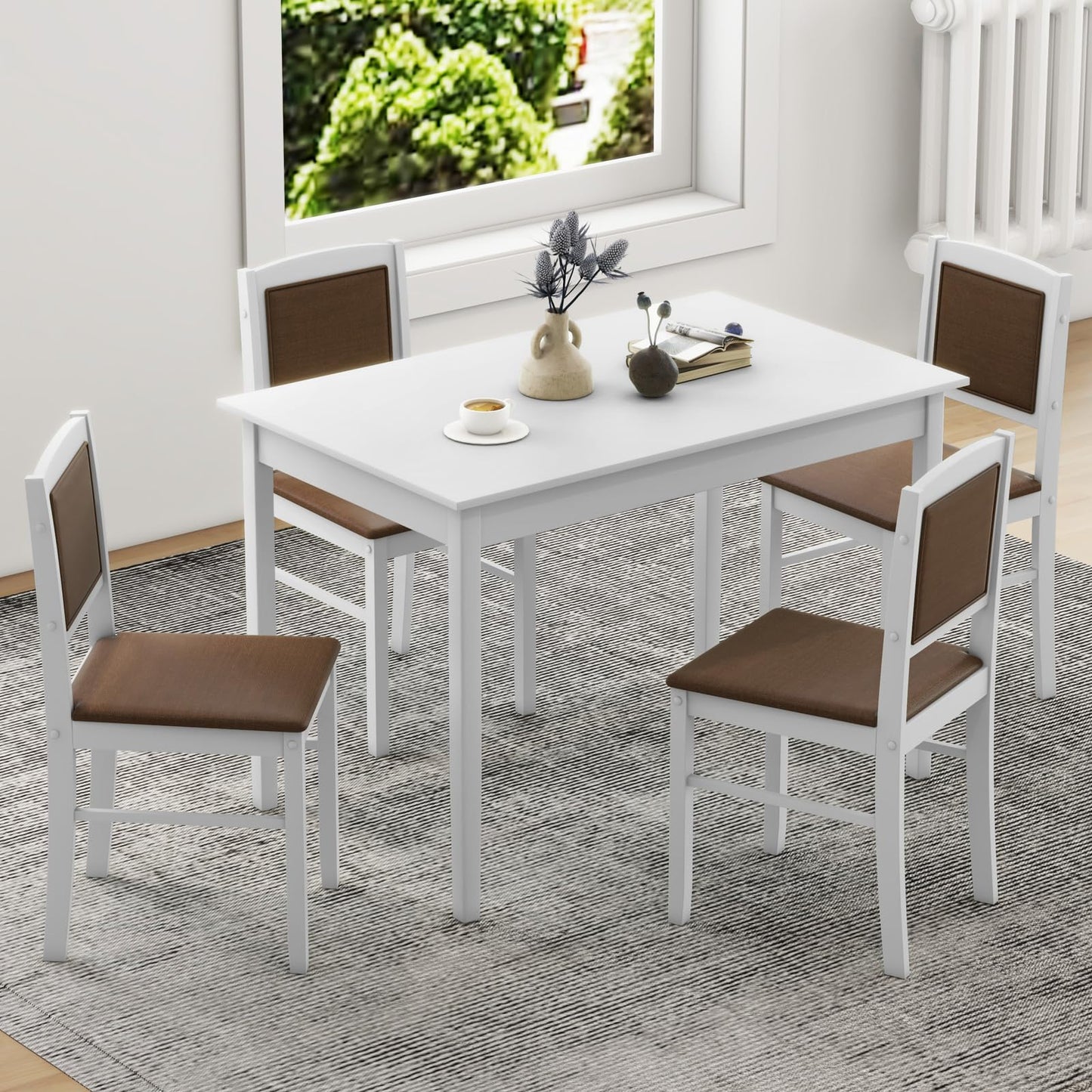 Giantex 5-Piece Dining Table Set for 4, Wooden Kitchen Table and Chairs with Solid Rubber Wood Legs, Padded Seat & Backrest, Space Saving Dinette Set for Home Dining Living Room, Breakfast Nook