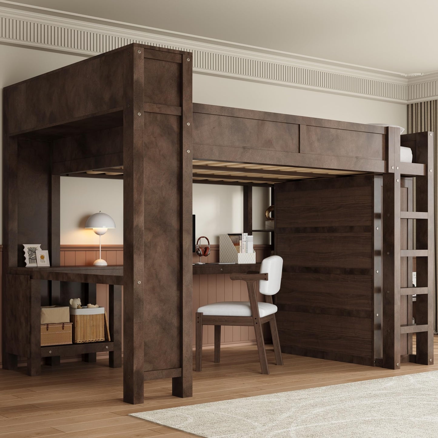 Merax Queen Loft Bed Frame with Desk and Wardrobe, Headboard with Storage & Charging Station, Wood Loft Bunk Bed with Solid Slats & Guardrail, No Box Spring Needed, Space-Saving, Noise Free, Brown