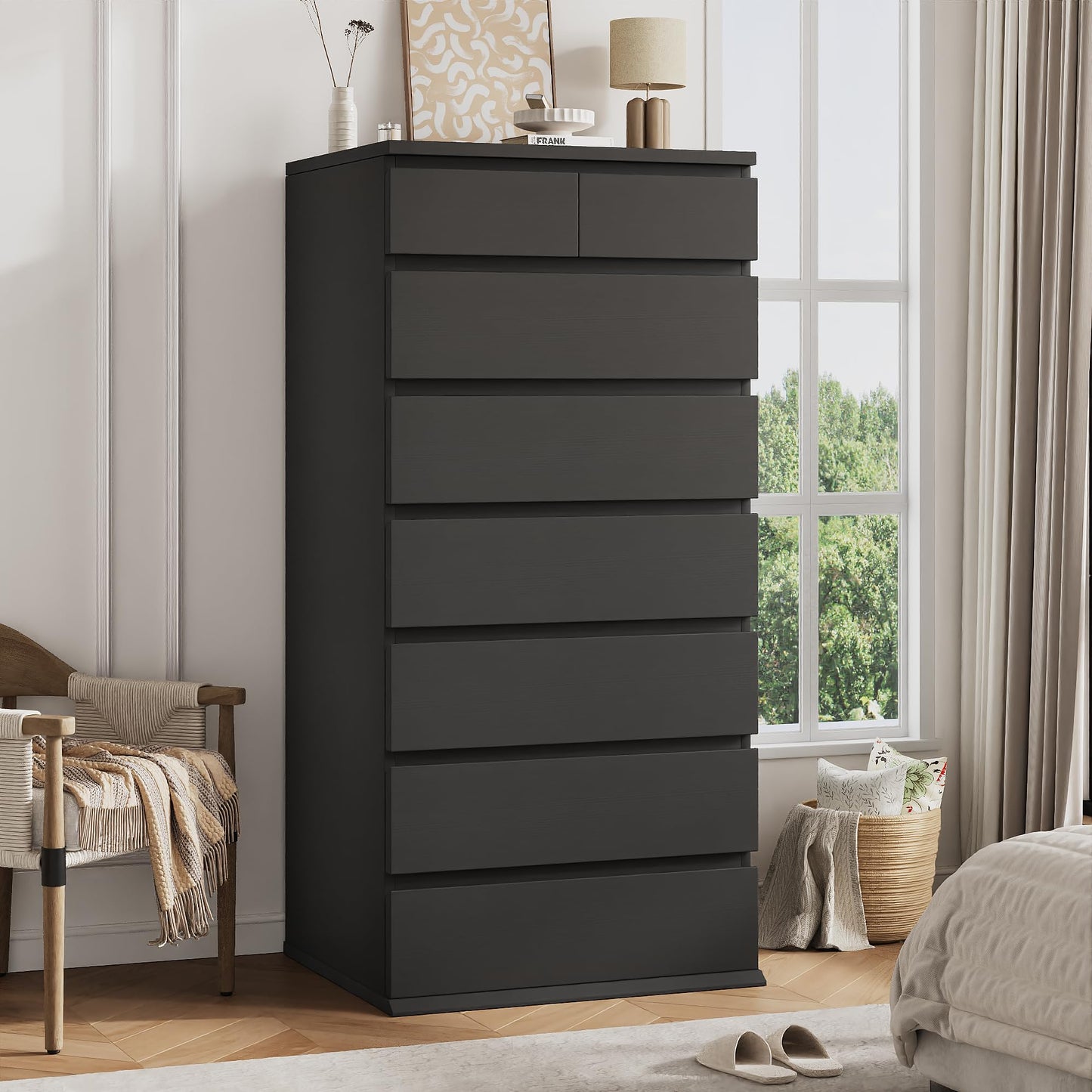 Jocoevol Black Tall 8 Drawer Dresser for Bedroom,Dressers & Chests of Drawers with Jewelry Storage,Wood Storage Dresser with Deep Drawers for Living Room Hallway Entryway(55.3" L*23.6" W*15.7")