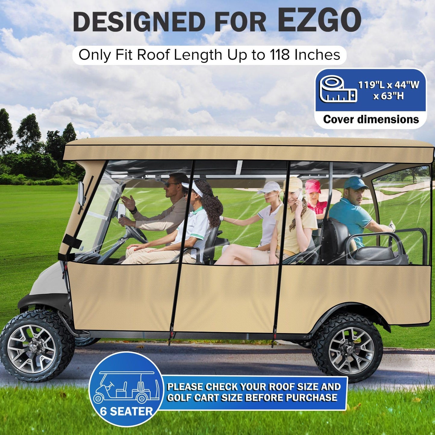 moveland 6 Passenger Golf Cart Driving Enclosure - Heavy Duty Golf Car Rain Cover for EZGO 118" Roof - Upgraded Stronger Door Zipper for Golf Cart Outdoor Enclosure | Taupe