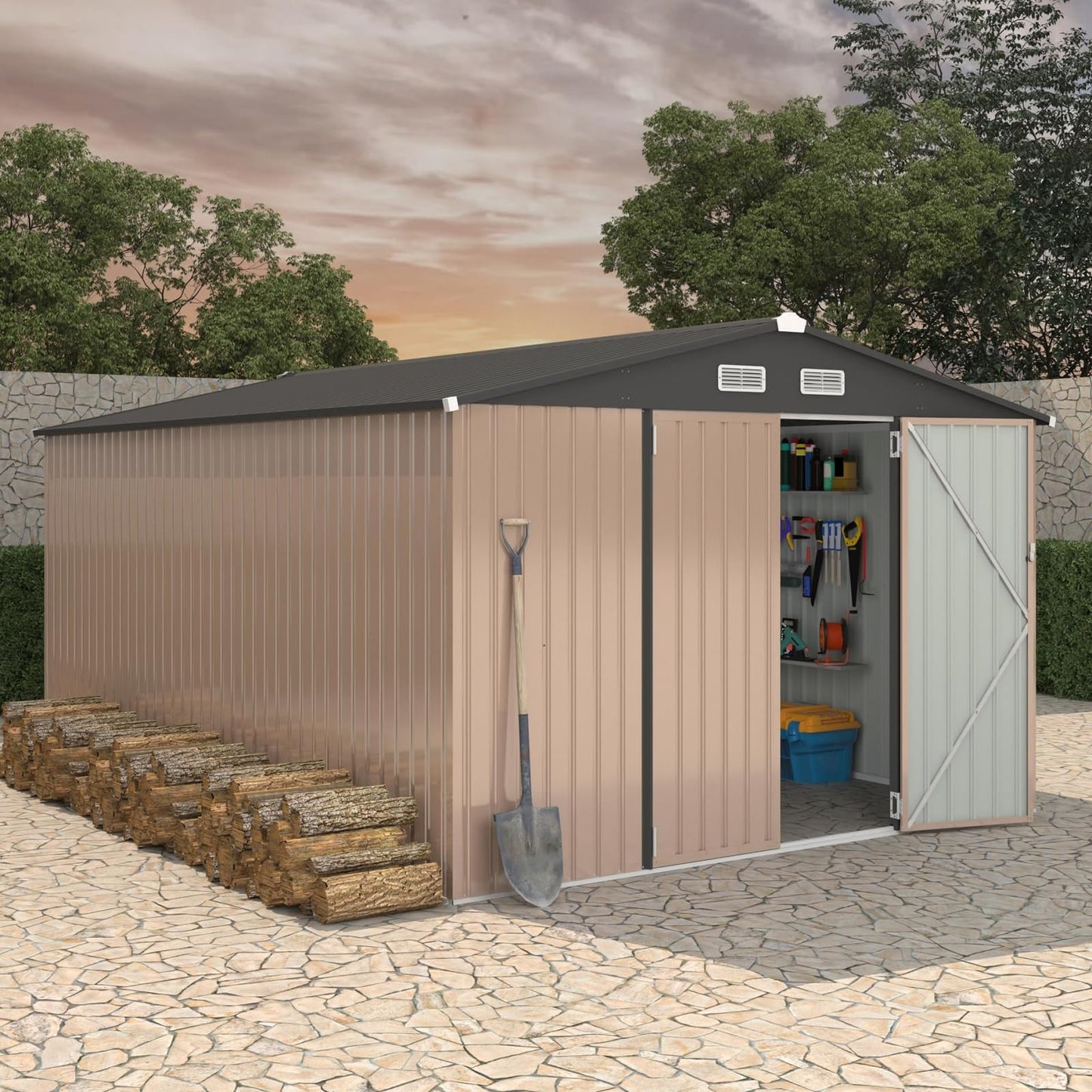 Heavy-Duty 10x14 FT Metal Garden Shed with Air Vent & Lockable Door, Outdoor Storage Shed for Yard, Patio, Lawn, Rust-Resistant Utility Shed, All-Season Use