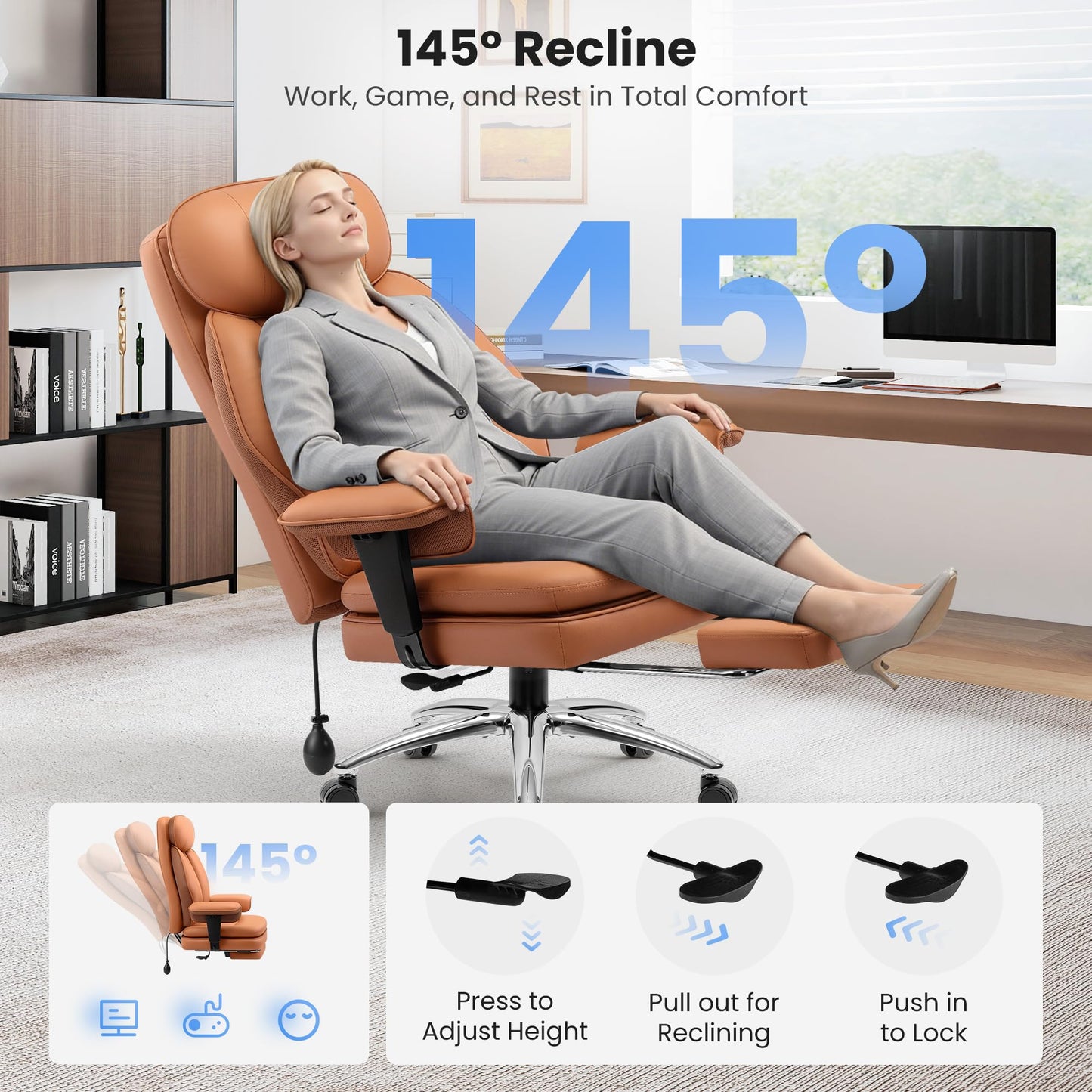 BestGlory Office Desk Chair with Inflatable Lumbar Support, Ergonomic Office Chair [Upgraded Double-Layer Cushion & Footrest], 400 LBS Big and Tall Computer Desk Chair for Home Office Gaming, Brown