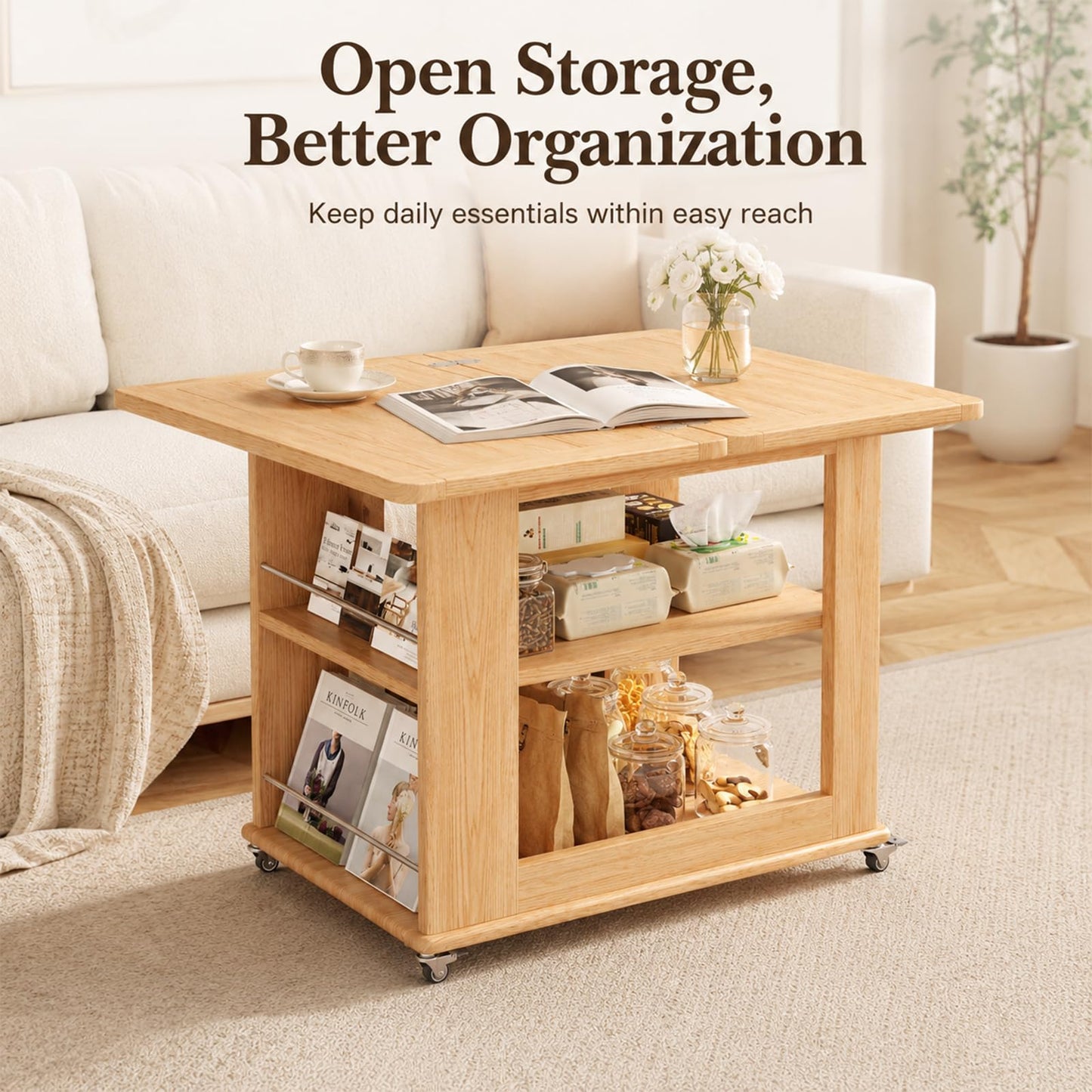 YQJJGL Expandable Coffee Table with Hidden Storage and Wheels, Convertible Wood Center Table with 2-Tier Adjustable Shelves, Rolling Coffee Table for Living Room, Small Spaces,Natural