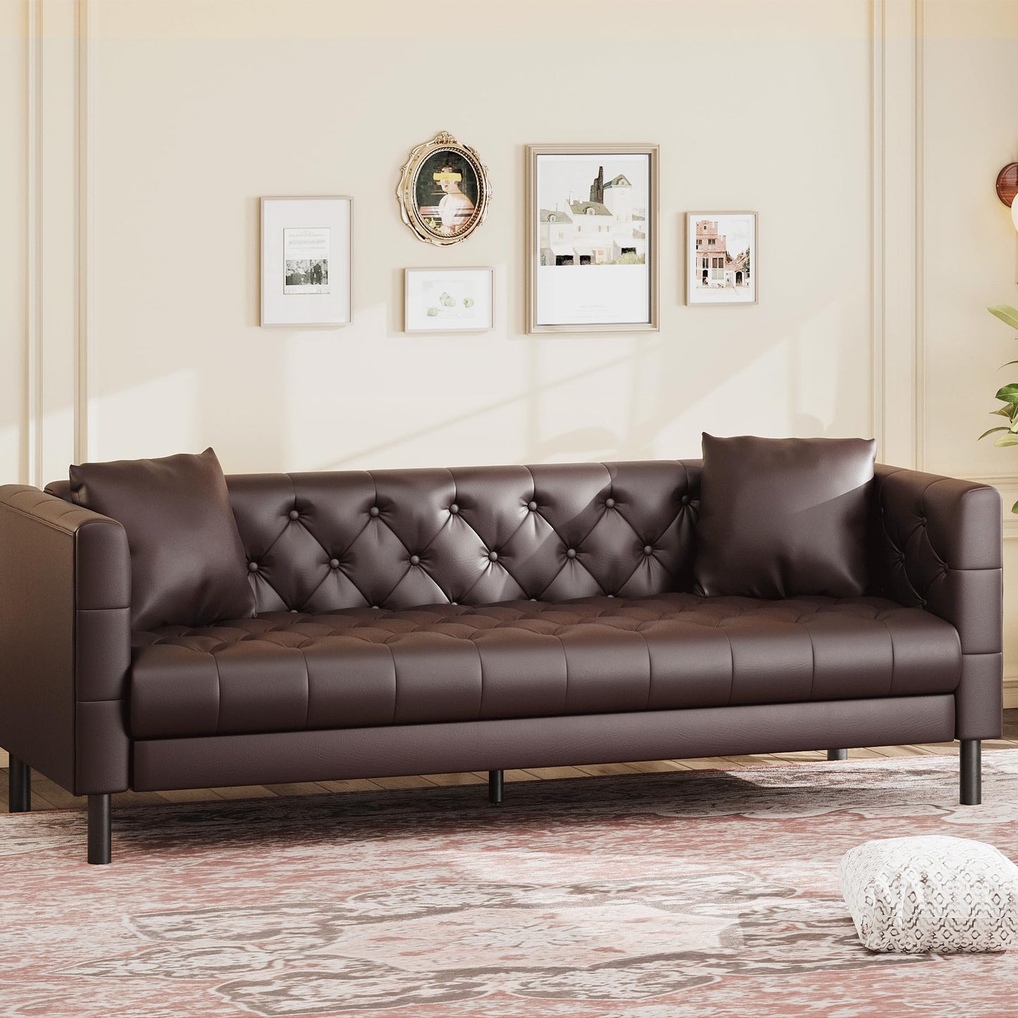 IDEALHOUSE Mid Century Modern Sofa 81 Inch – 3 Seater Faux Leather Couch with Tufted Back, Deep Seats and 2 Pillows, Apartment Sofa for Living Room, Dark Brown