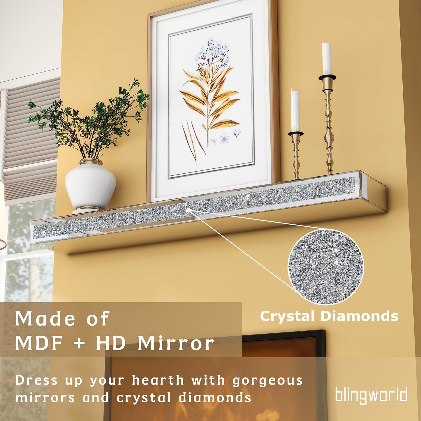 blingworld Mirrored Fireplace Mantel 60 Inches, Handcrafted Glass Mantel for Over Fireplace, Crystal Crushed Diamond Fireplace Mantel Shelf, Wall Mounted Floating Fireplace Mantels, Silver