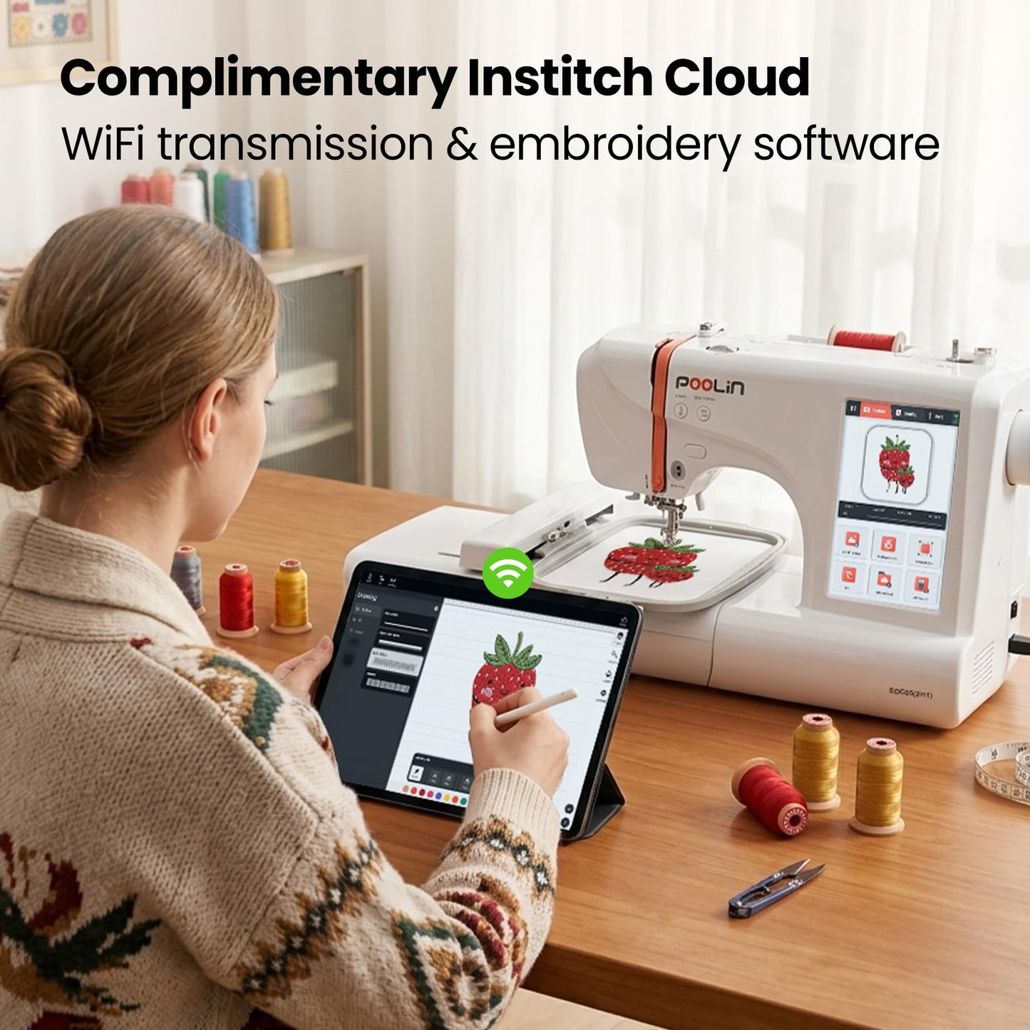 PooLin EOC05(2in1) Sewing and Embroidery Machine 4"x4" & 4"x9.25" Embroidery Size, 130 Built-in Designs 207 Sewing Stitches, 7" Touch Screen with WiFi Transfer, Includes Full Kits & 1-on-1 Training