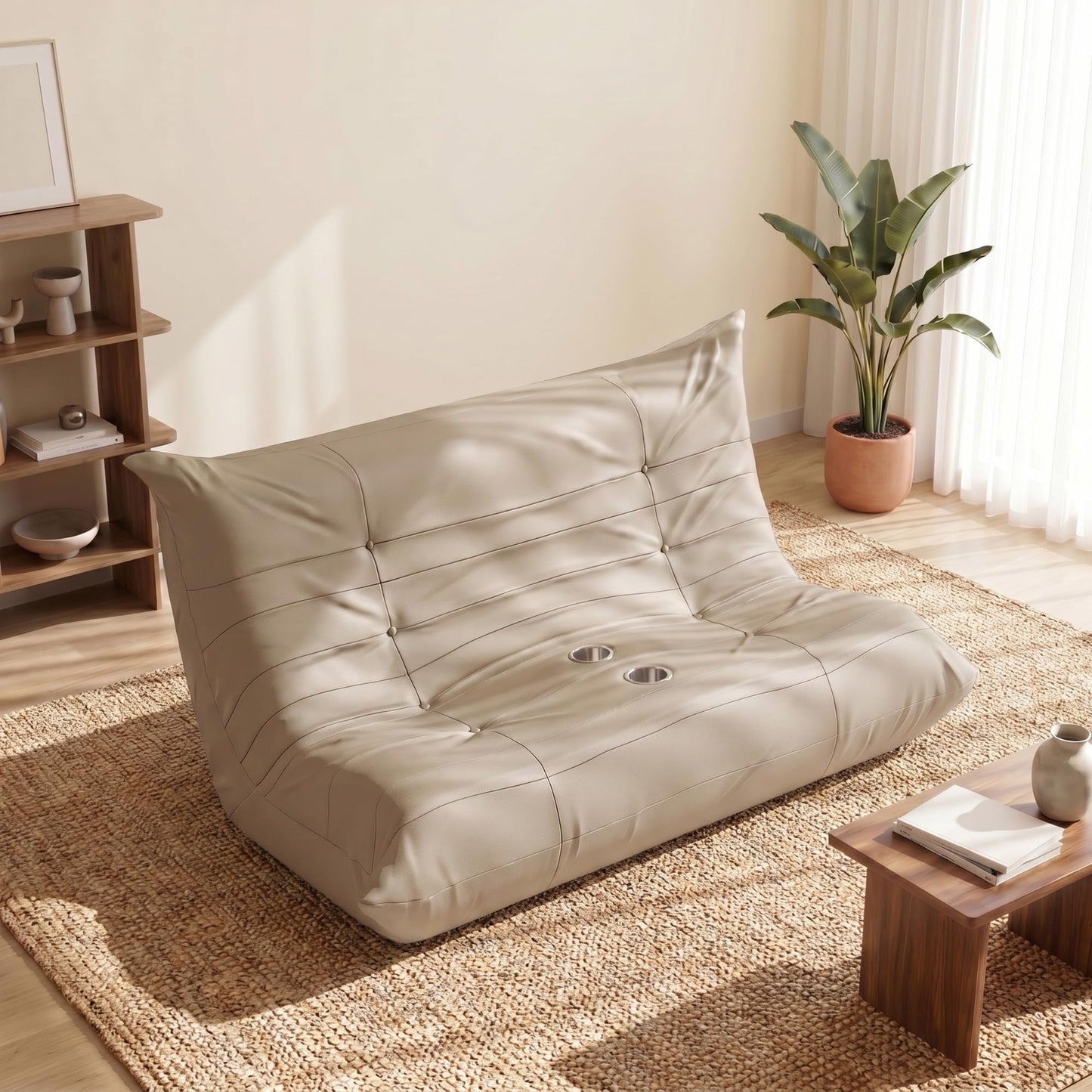 YESHOMY Boneless Loveseat Couch, Oversized Ergonomic Floor Sofa Couch, Durable PU Leather Sofa with Cup Holders, No Assembly Fireside Couches for Living Room, Bedroom (Khaki)