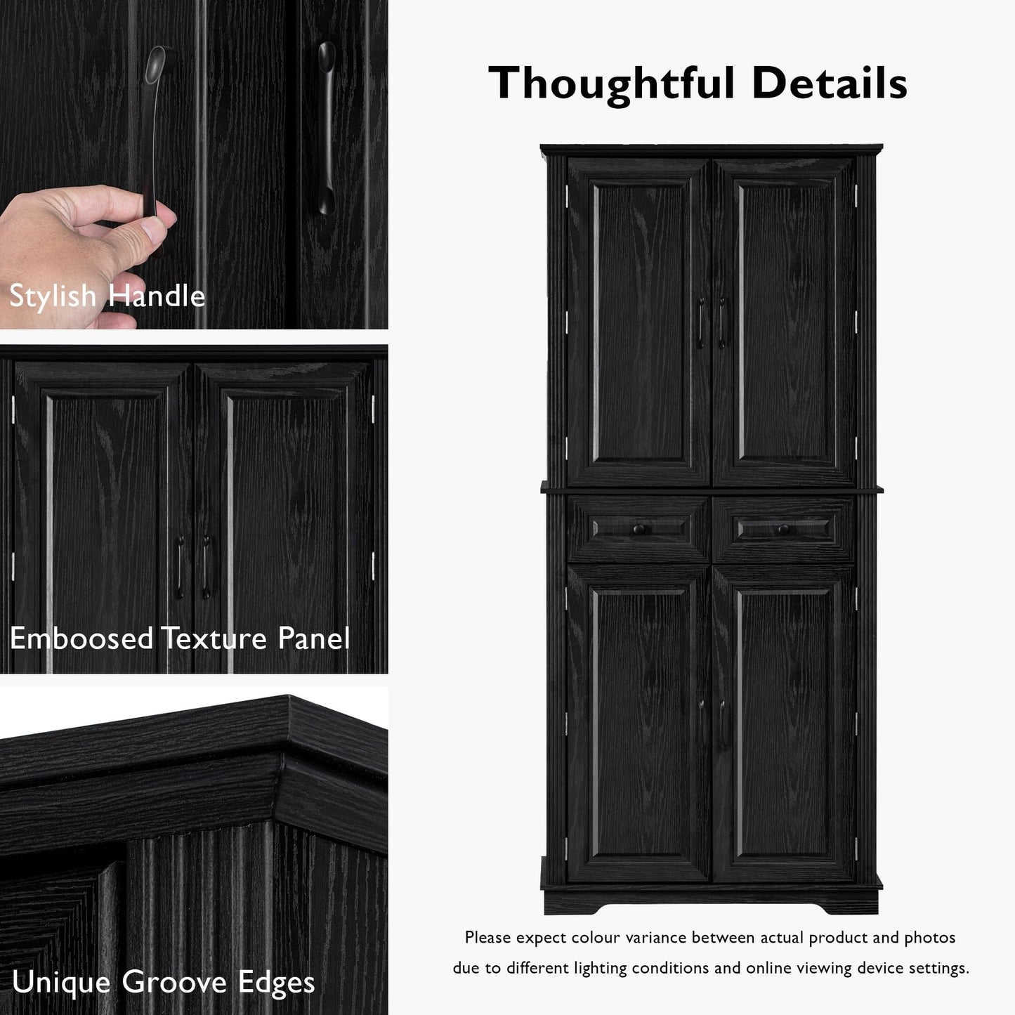 Trygoal 71" Tall Farmhouse Kitchen Pantry Cabinet Freestanding Food Storage Cabinet with Doors 3 Pull-Out Organizers 6 Door Shelves & 2 Drawers Embossed Texture Finish for Kitchen & Dining Room Black
