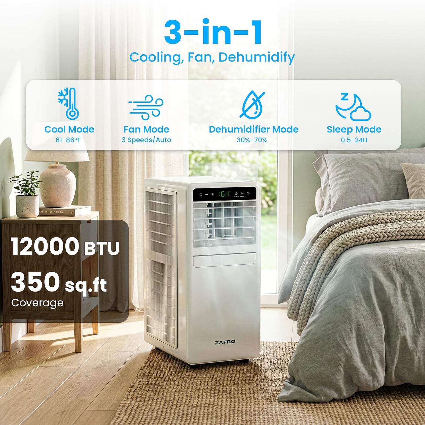 ZAFRO Portable Air Conditioners, 12000 BTU (8000 BTU SACC), Smart AC Unit with Drainage-free Cooling, Fan & Dehumidifier, Portable AC with APP/Remote, 47dB Quiet, 24H Timer for Living Room, Bedroom