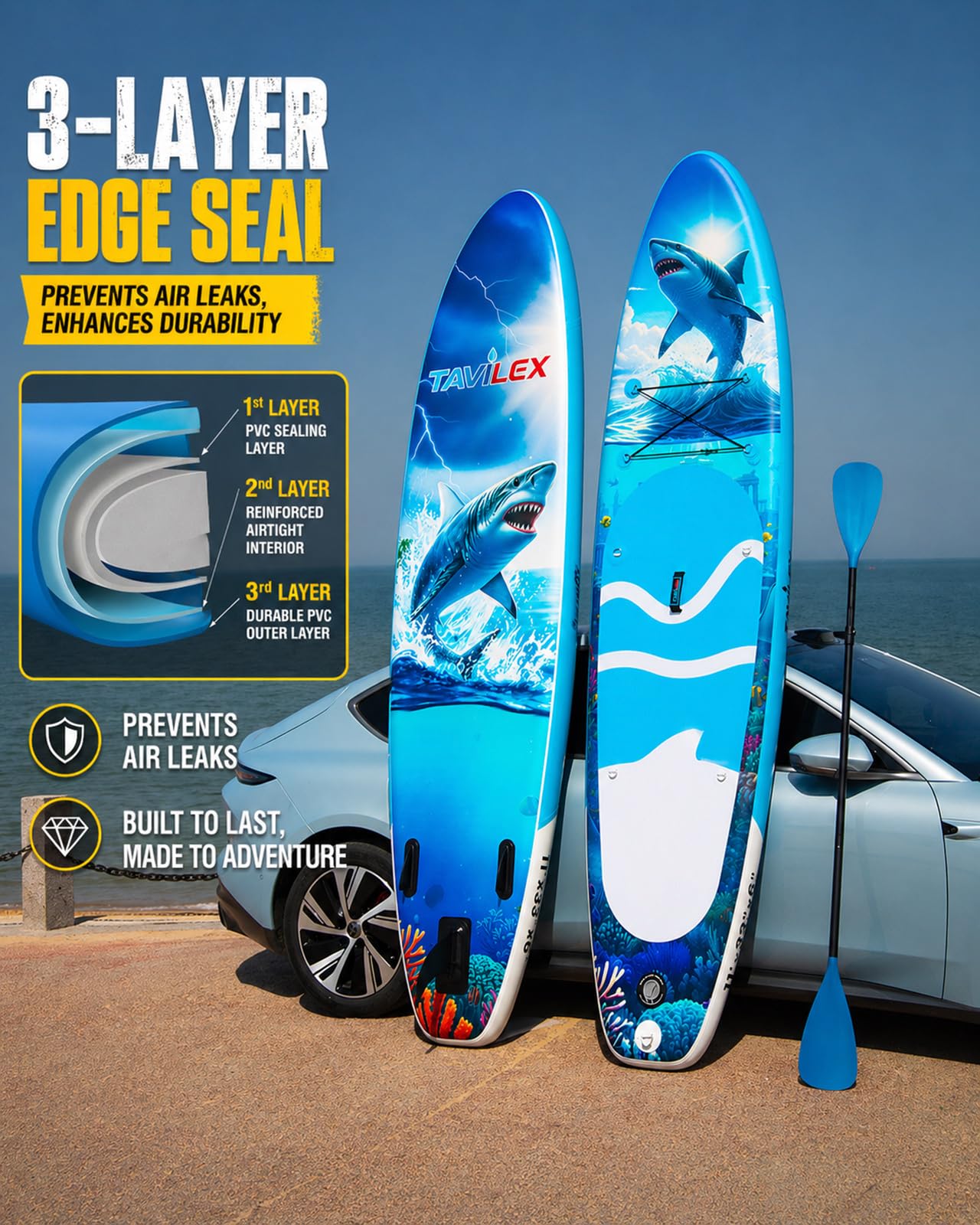 Tavilex Inflatable Stand Up Paddle Board with Seat, 11' x 33" x 6" Ultra-Wide 2-in-1 SUP Board for Adults & Youth, Stable Blow Up Paddleboard Kit with Dual-Blade Paddle (Shark Power)