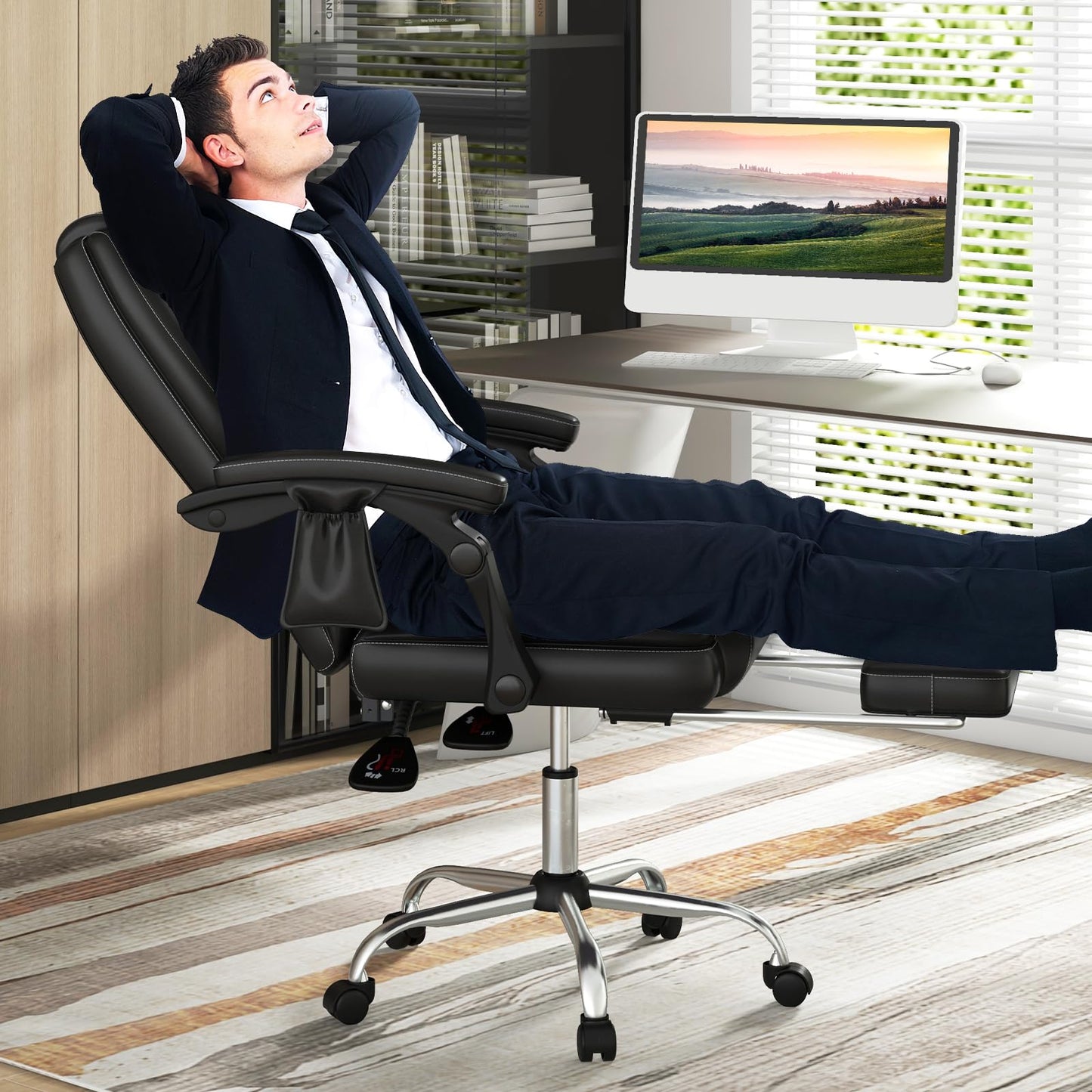 COSTWAY Big and Tall Office Chair, 6-Point Massage Desk Chair with Retractable Footrest, Reclining Backrest & Adjustable Swivel Seat, PU Leather Executive Chair with Wheels, 400 LBS Capacity, Black