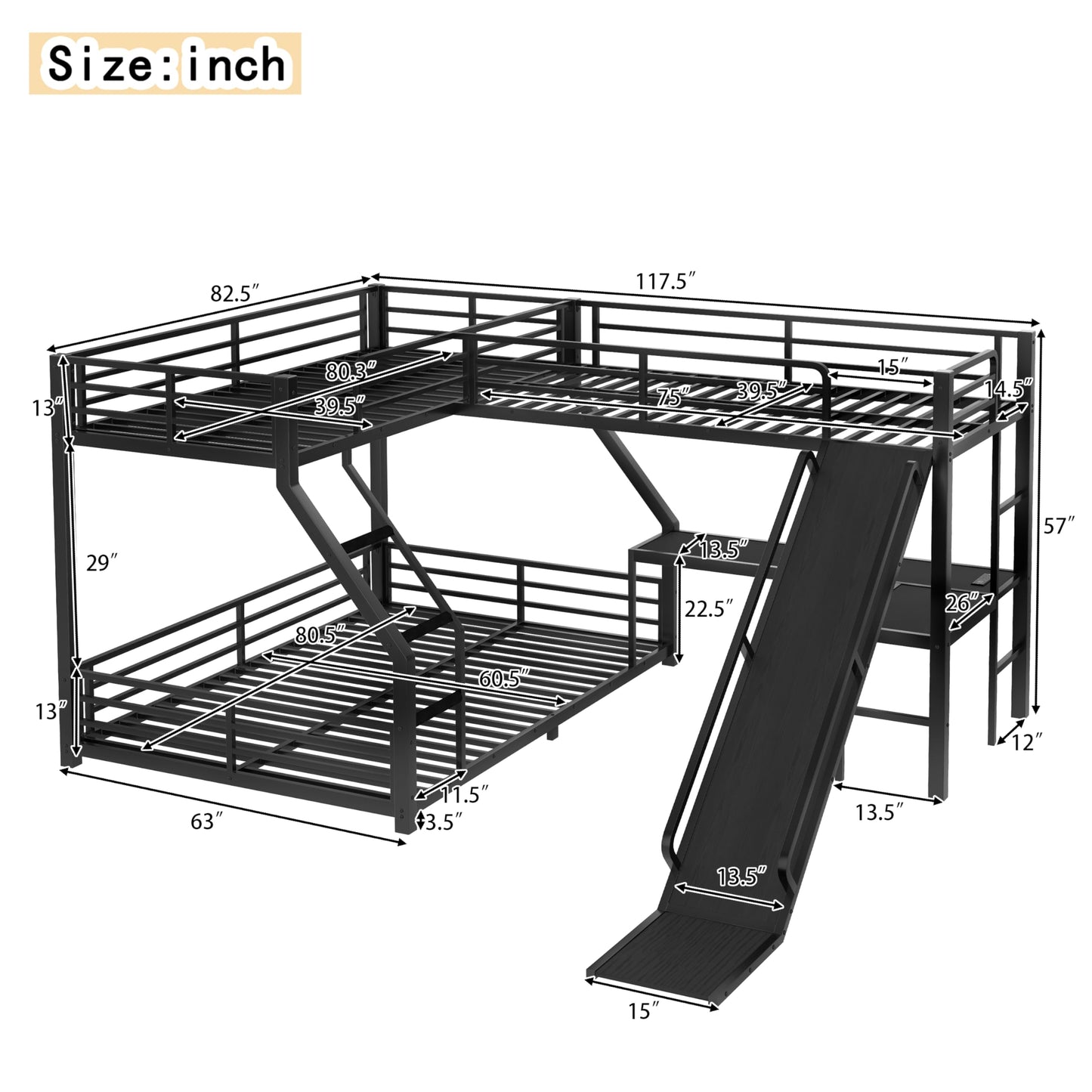 Metal Twin XL Over Queen Bunk Beds with Twin Loft Beds, Heavy Duty Triple Bunk Bed Frame with Slide and Desk,L-Shaped Triple Bunk Beds with Charging Station for 3 Kids,Black