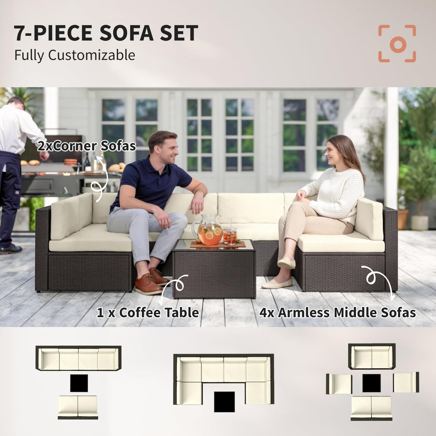 Outsunny 7 Piece Patio Furniture Set, Wicker Outdoor Sectional Sofa Set, All Weather PE Rattan Outdoor Furniture Conversation Sets with Cushions, Glass Top Coffee Table, Cream White