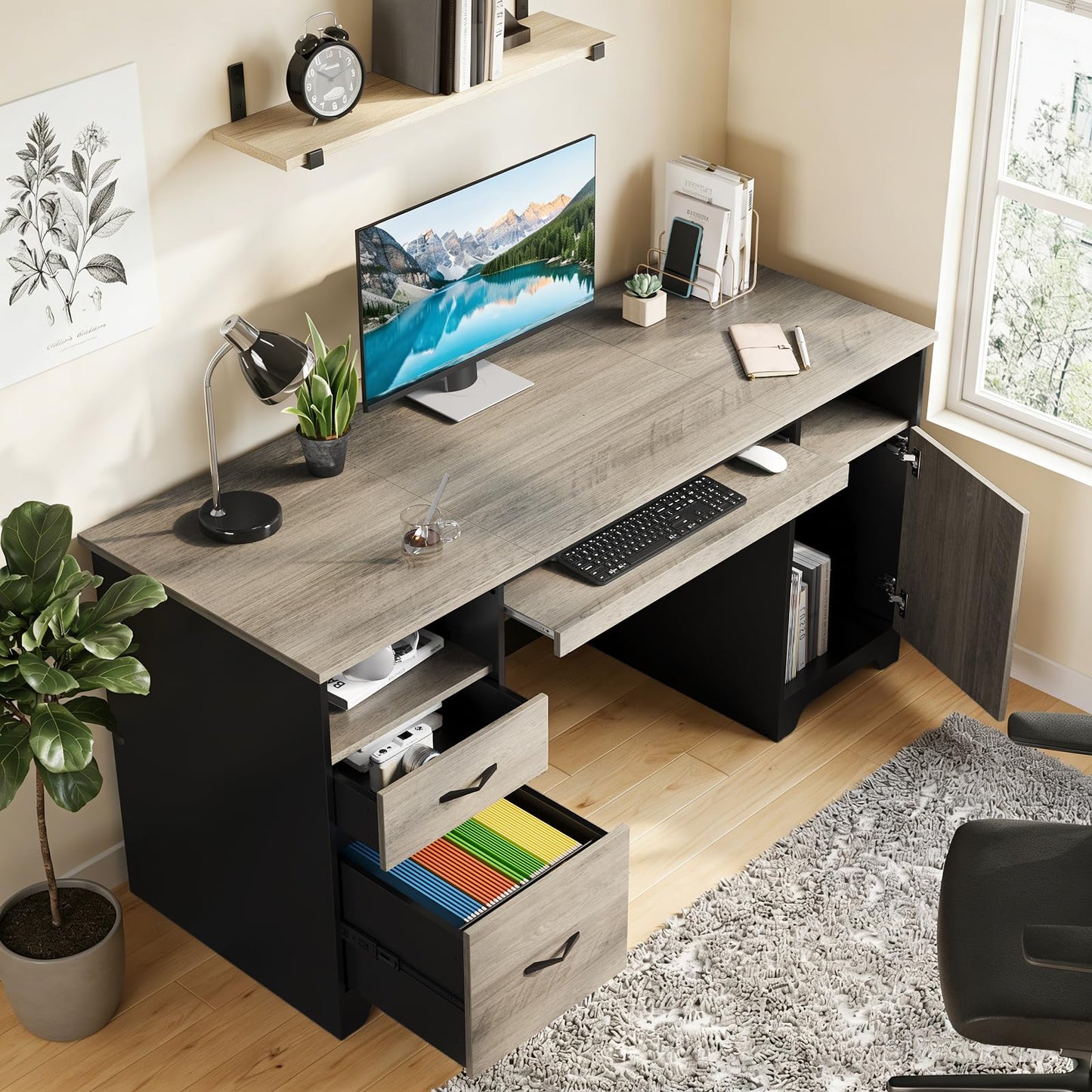 Bestier 59”Executive Desk with 2 Drawers,Computer Desk with Storage Cabinet,Industrial Wood Desk with File Drawer,Keyboard Tray & 2 Pedestals for Home Office & Studio,Gray