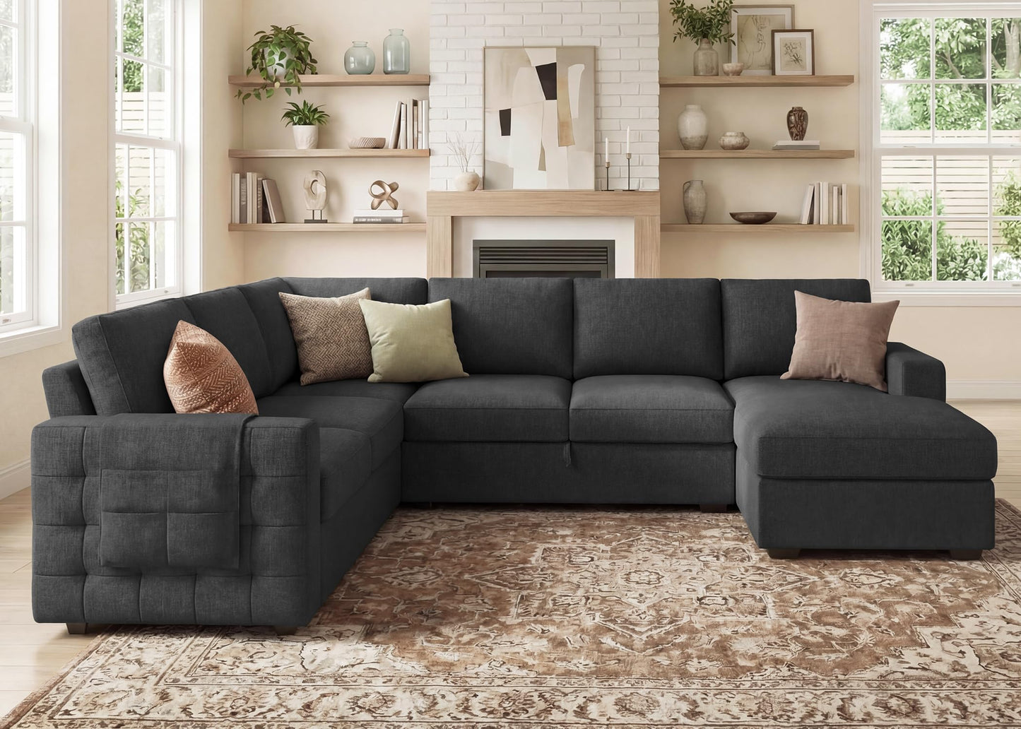 HONBAY Sectional Couch with Pull Out Bed, Sectional Sleeper Sofa with Storage, U Shape Couches for Living Room, Dark Grey