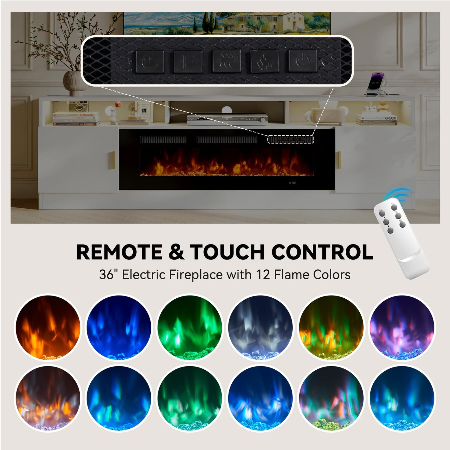 OneBlis 80" Fireplace TV Stand with Power Outlet, Electric Fireplace Entertainment Center with Storage Cabinets, Fits TVs up to 90", TV Console with LED Lights for Living Room, Office, White-Black