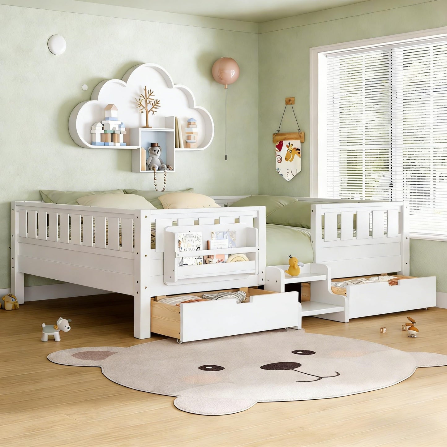 Queen Platform Bed with Storage Drawers and Bookshelves, Kids Platform Bed Frame with Low-profile Stairs and Full-length Guardrails, Queen Bed Frame for Boys, Girls, No Box Spring Needed, White