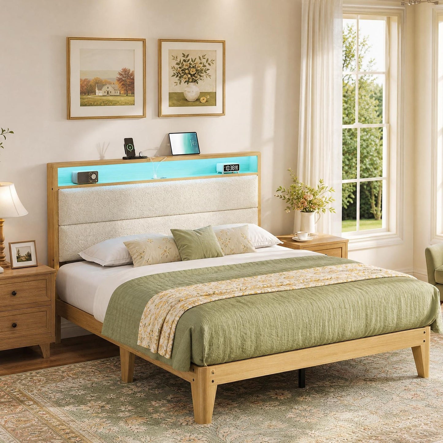 GAOMON Full Size Upholstered Platform Bed Frame with RGB LED Lights, Storage Headboard & Charging Station, Under Bed Storage, No Box Spring Needed, Cream