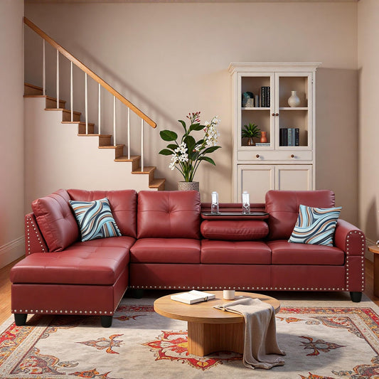 Trygoal L-Shaped Sectional Sofa, Modern 4-Seat Couch with Built-in Cup Holders, Leather Sectional Couch with Left Facing Chaise for Living Room, Apartment, Office, Red
