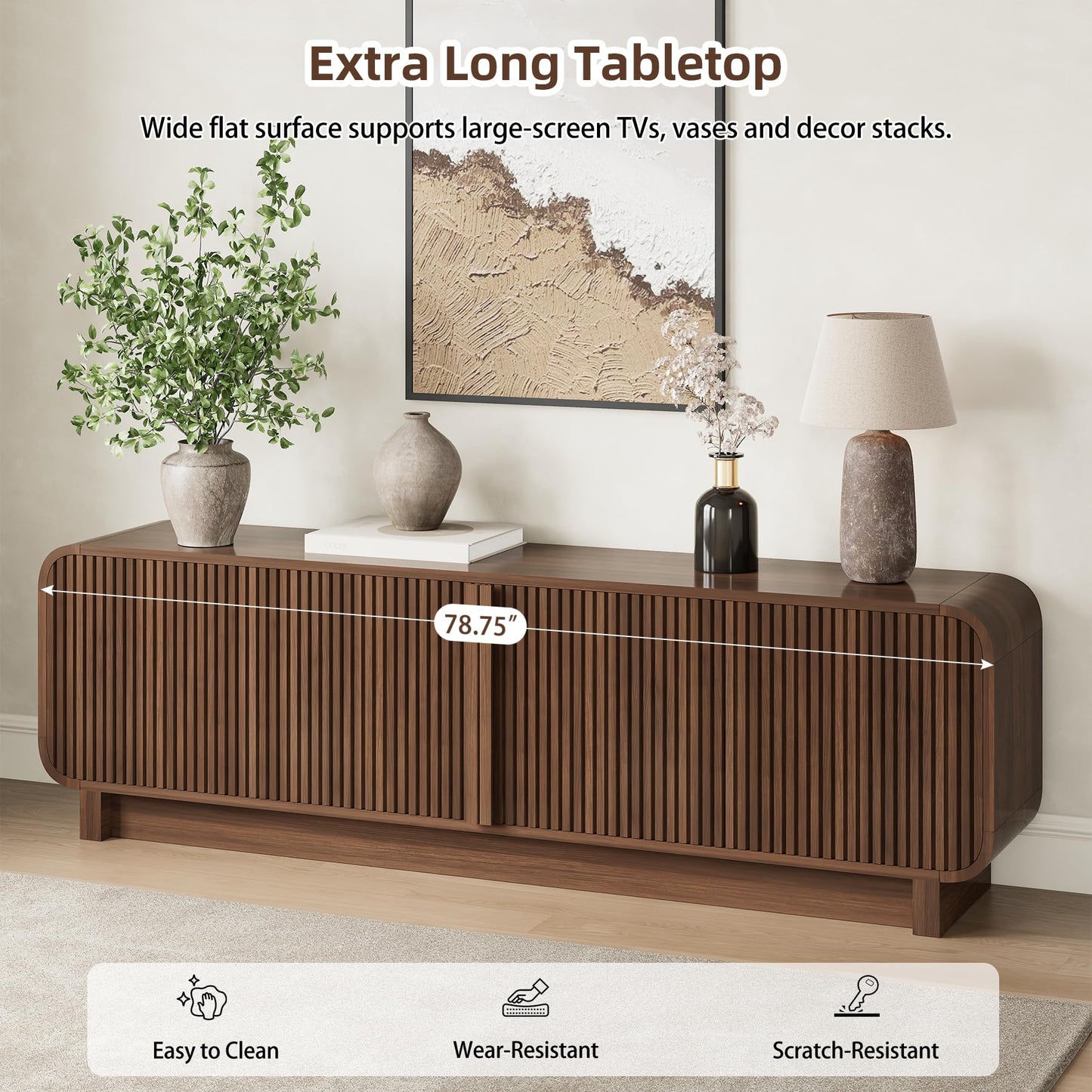 78.75" Fluted TV Stand with Storage Cabinets, Rounded Edge Entertainment Center, Mid-Century Media Console for Living Room Hallway, Walnut