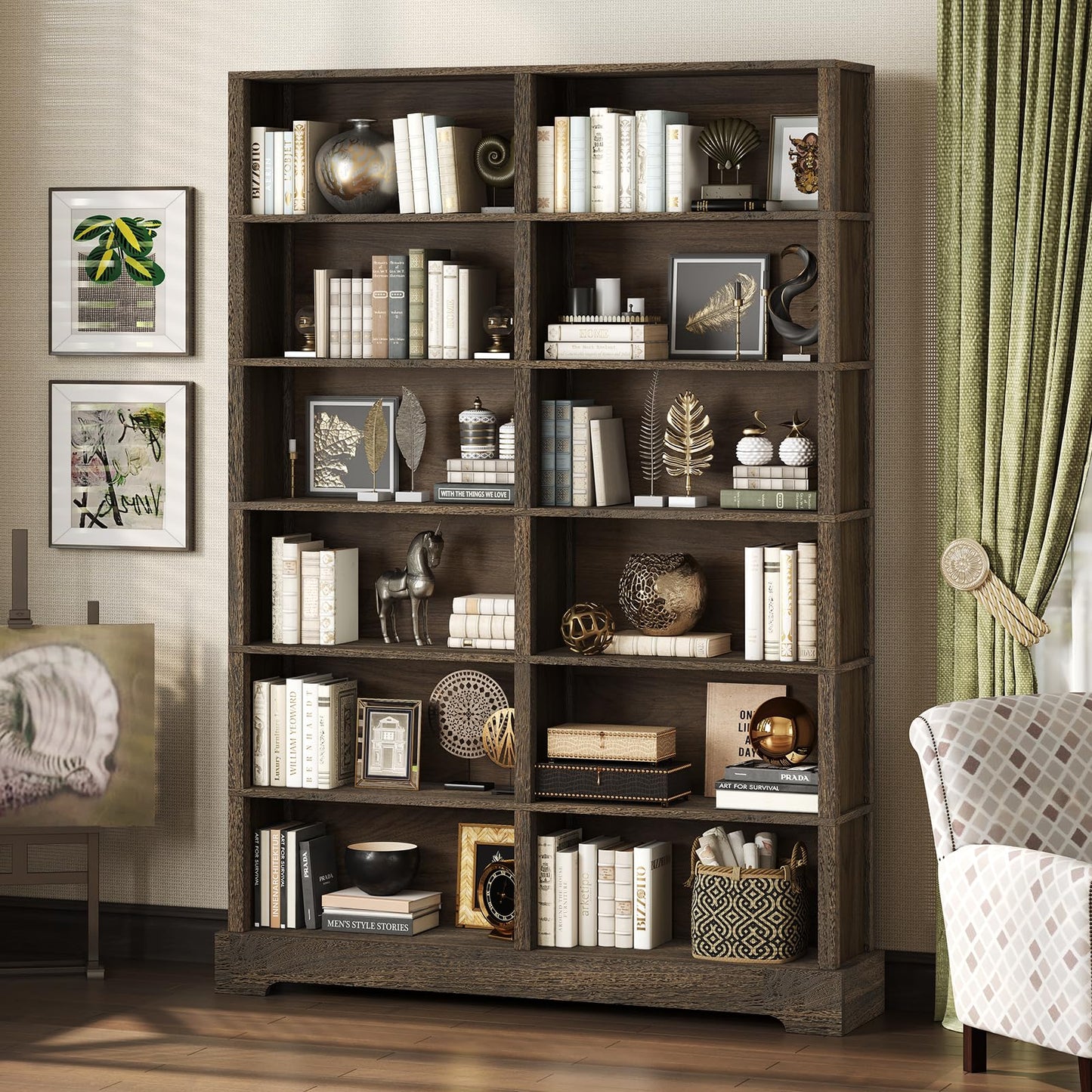TVU 6-Tier Wood Book Shelf, 47" Wide Large Bookcase and Bookshelf, 76" Tall Bookcase with Storage, Freestanding Wood Display Book Shelves for Living Room, Home Office, Walnut