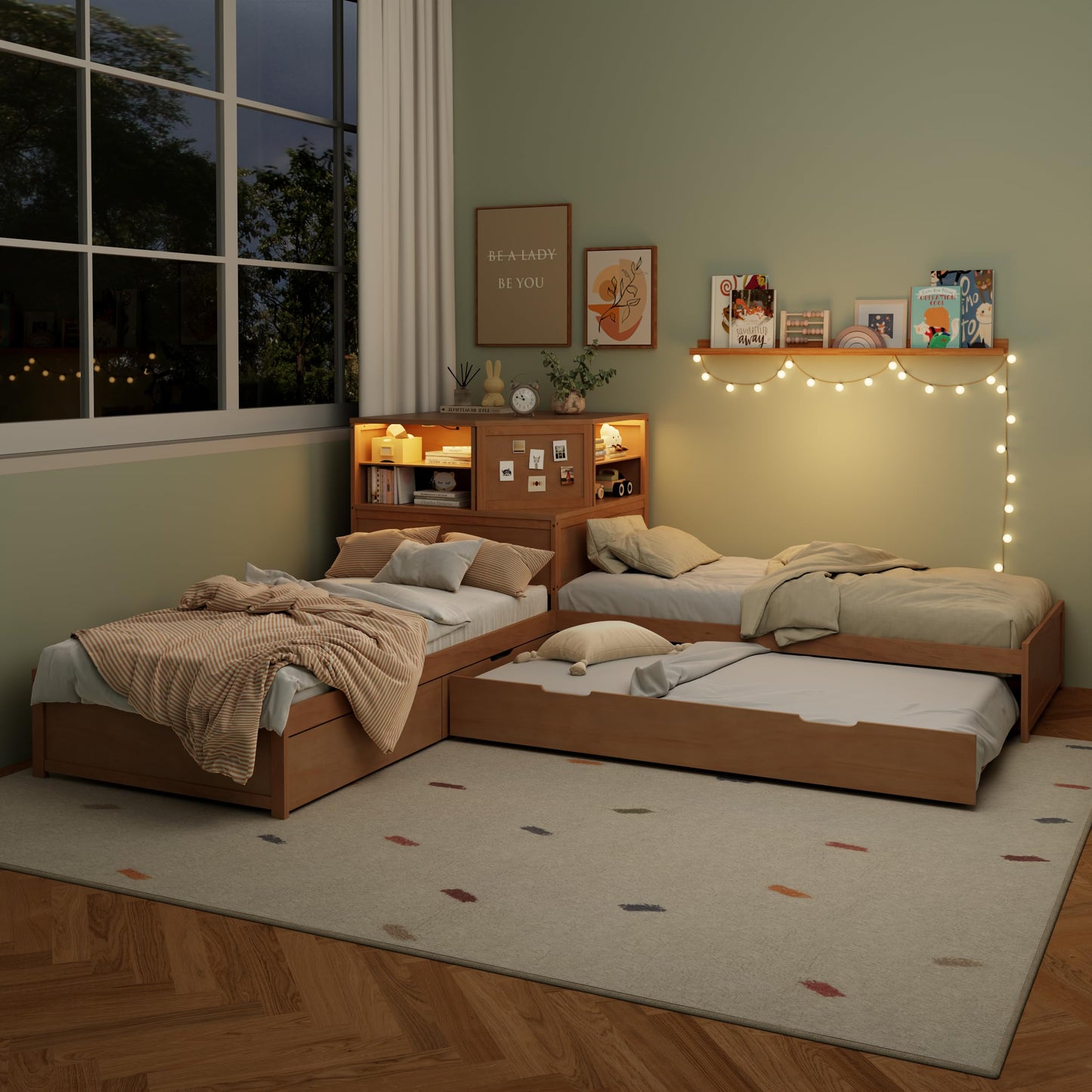 Merax L-Shaped Combination Twin Corner Platform Bed Frame with Trundle,Drawer,Built-in Desk and Led Downlight,3-in-1 Design for Bedroom