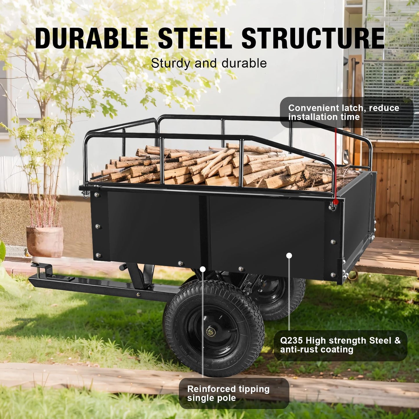 Big RED ATV/Utility Dump Trailer Tow Behind, 750lb Capacity 12 cu.ft Steel Hauler with Removable Sides & 16" Tires for Lawn Mower, Tractor