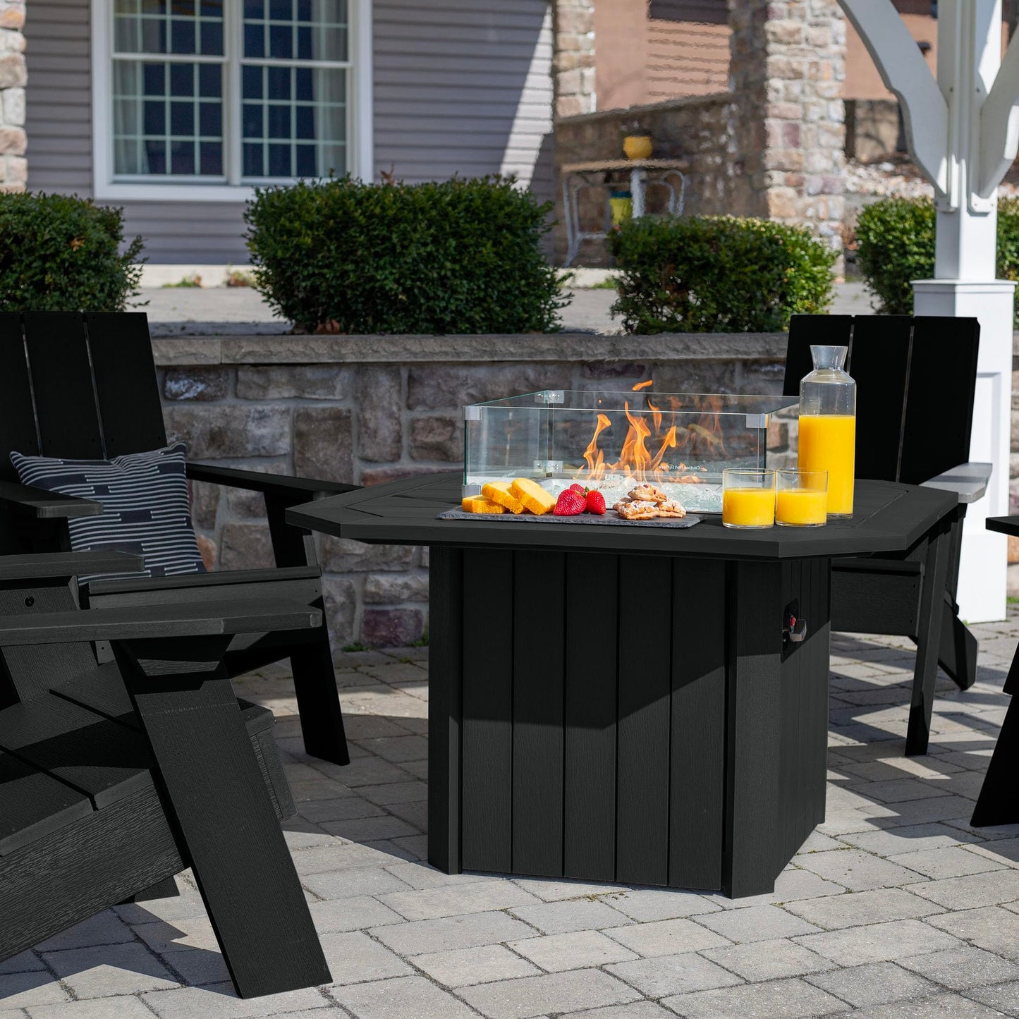 Oasis 5-Piece Conversation Set with Fire Pit Table, 4 Italica Modern Adirondack Chairs and 40” Fire Pit Table with Glass Wind Guard and Rain Cover, Black