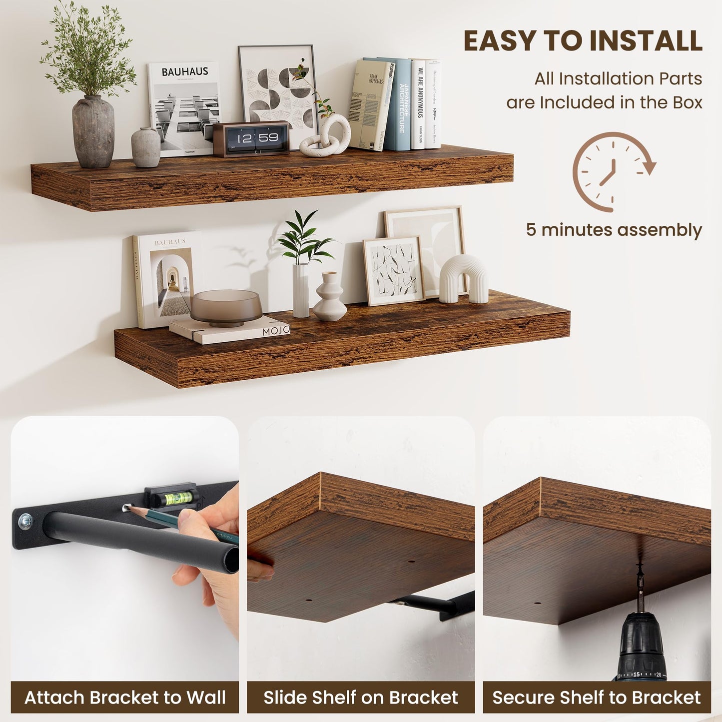 Fun Memories 72 Inch Fireplace Mantel Shelf, 12 Inch Deep Shelves for Display & Wall Storage, Rustic Wood Wall Shelf, Extra Long Floating Shelves for Living Room Laundry Room, Rustic Brown, Set of 2