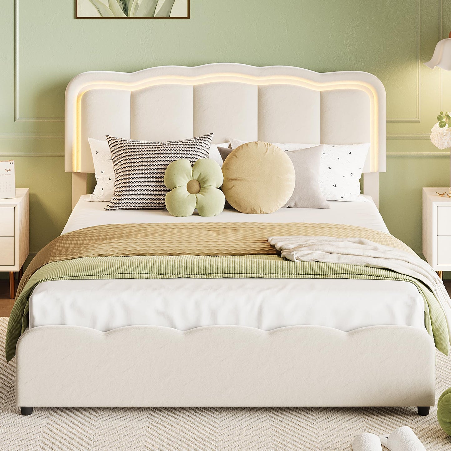 Garvee Queen Size Bed Frame with 2 Storage Drawers and LED Lights, Upholstered Platform Queen Bed with Adjustable Headboard, Wooden Slats Support, No Box Spring Needed, Easy Assembly, White
