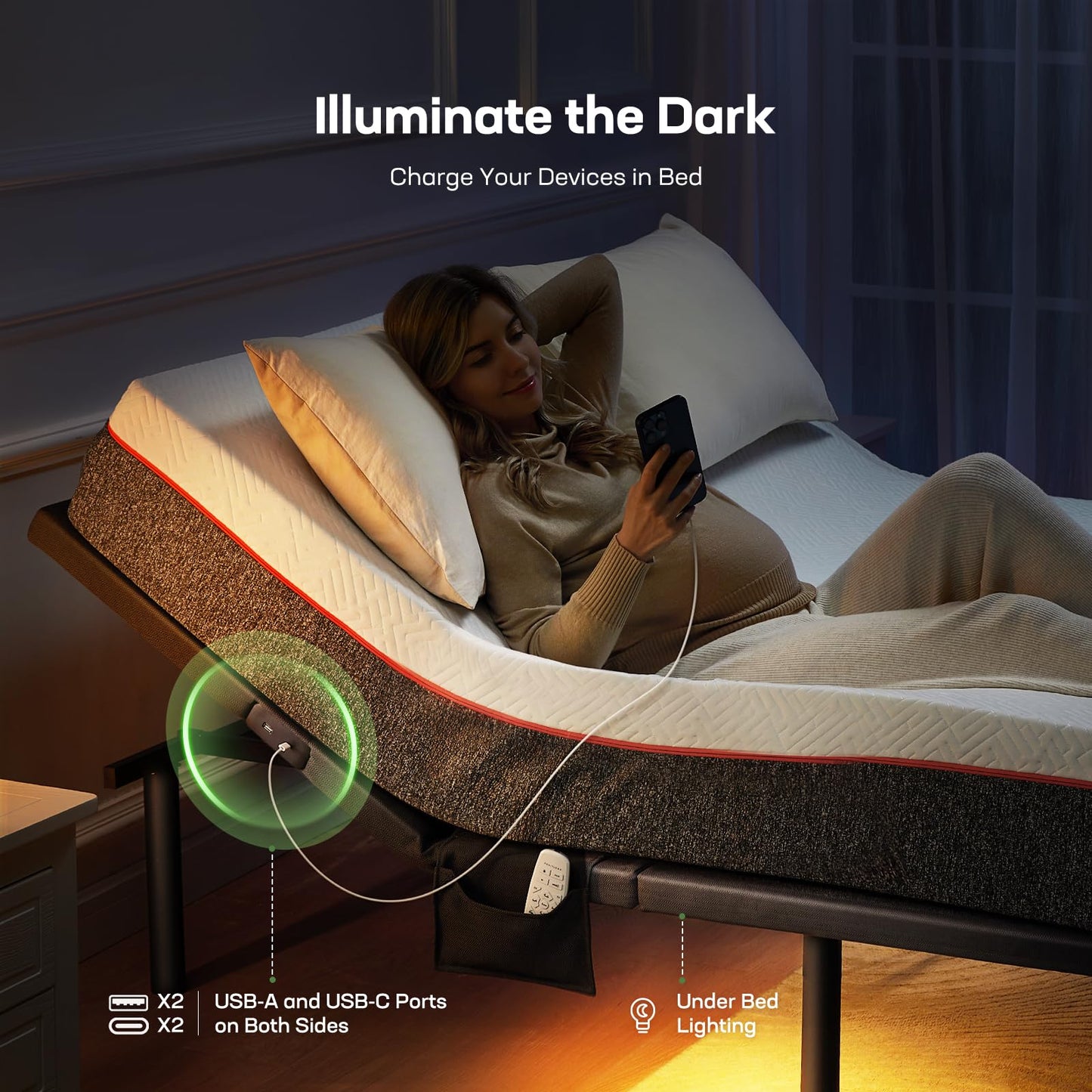 Marsail MS01-2 Split King Adjustable Bed Base with Massage-APP Connects Adjustable Bed Frame with 4 Height Options, 3 Minutes Fast Assembly, Wireless Control Adjustable Bed with Under-Bed Nightlight