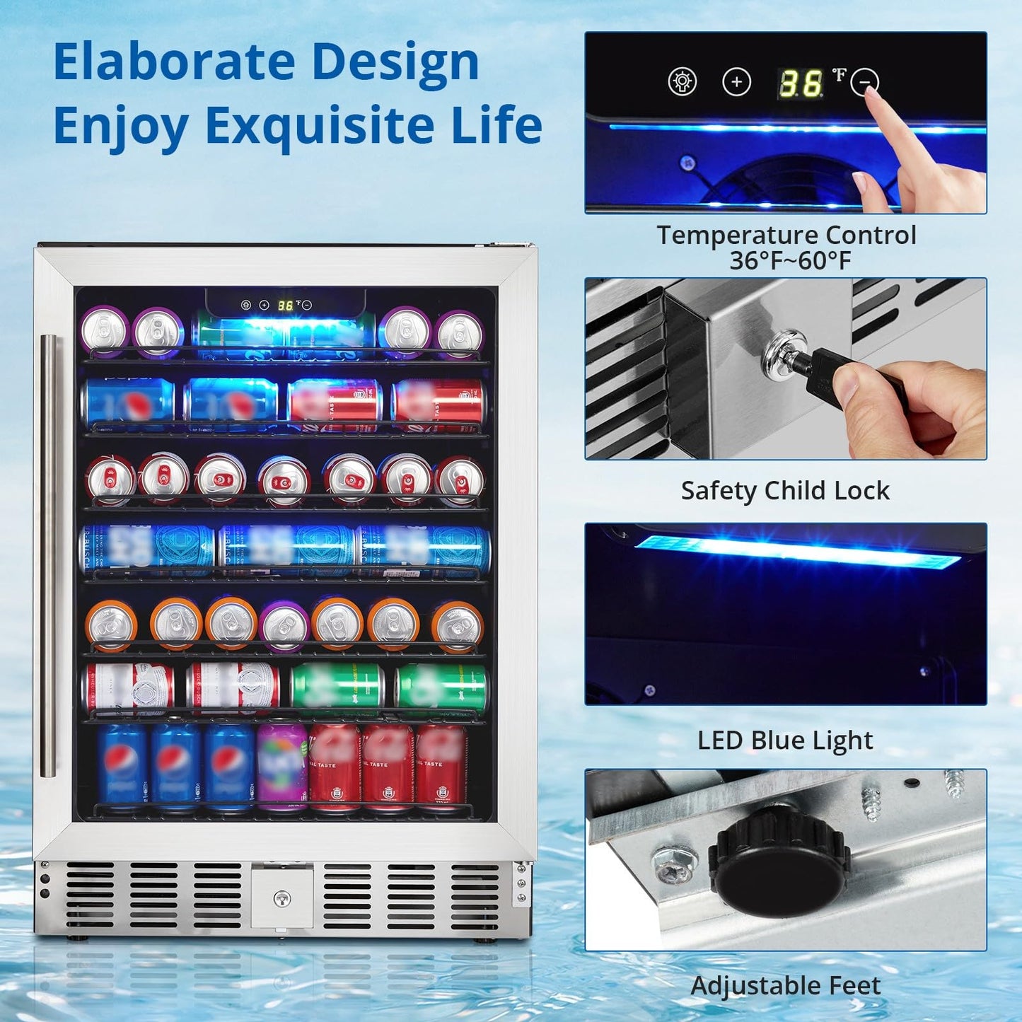 GarveeHome 24 in Beverage Refrigerator, 5.1 Cu.Ft Beverage Fridge, 166 Cans Capacity Drink Fridge with 36～60°F Adjustable Digital Temperature Control Compressor and Safety Lock
