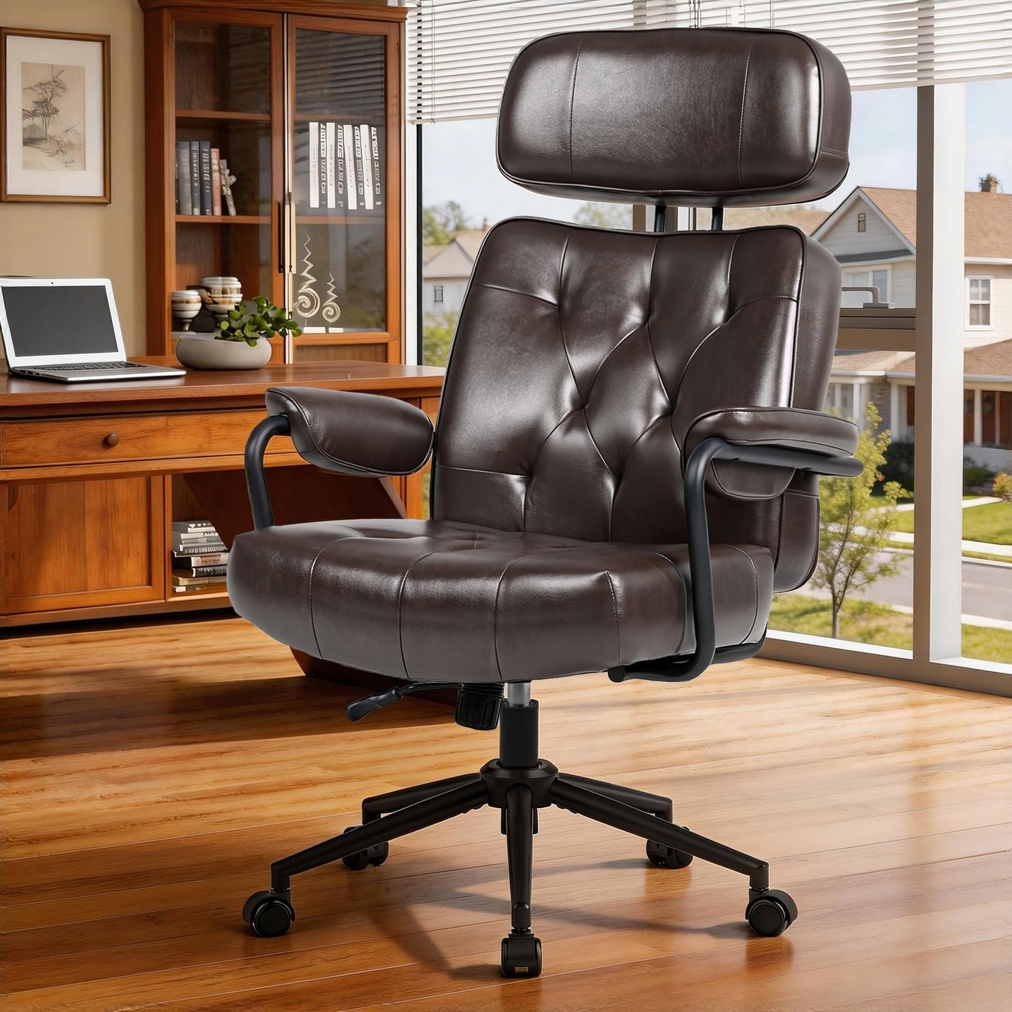 Mid Century Modern Home Office Desk Chair, Ergonomic Office Chair Big and Tall, High Back Executive Office Chair Leather Extra Wide, Computer Chair Comfy, Adjustable Height Rolling Chair, Chocolate