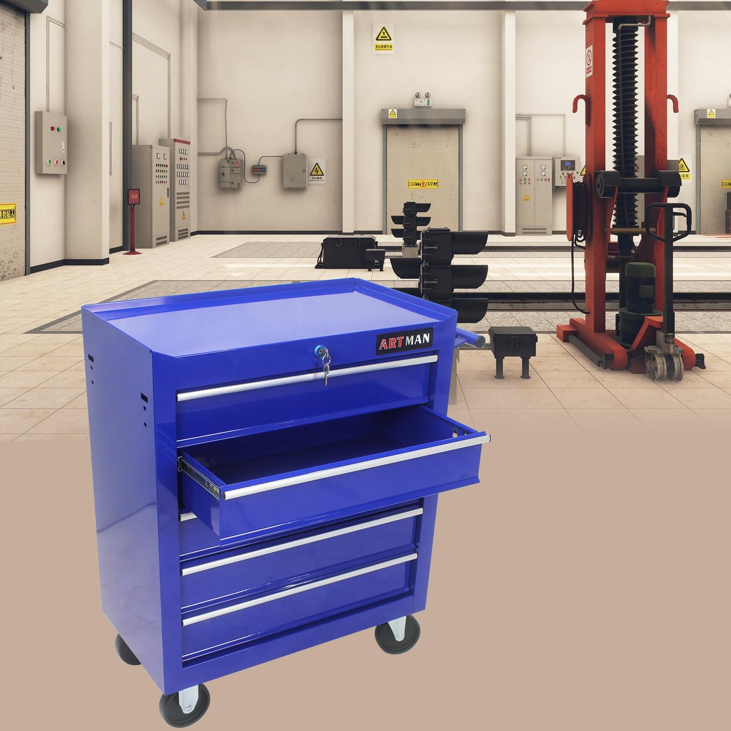 YOPTO Multifunctional Cart with 5 Ball-Bearing Drawers,Portable Rolling Tool Chest W/ 4 Wheels,Key Locking and Pull Handle,for Garage,Warehouse,Workshop,Repair Shop,Blue