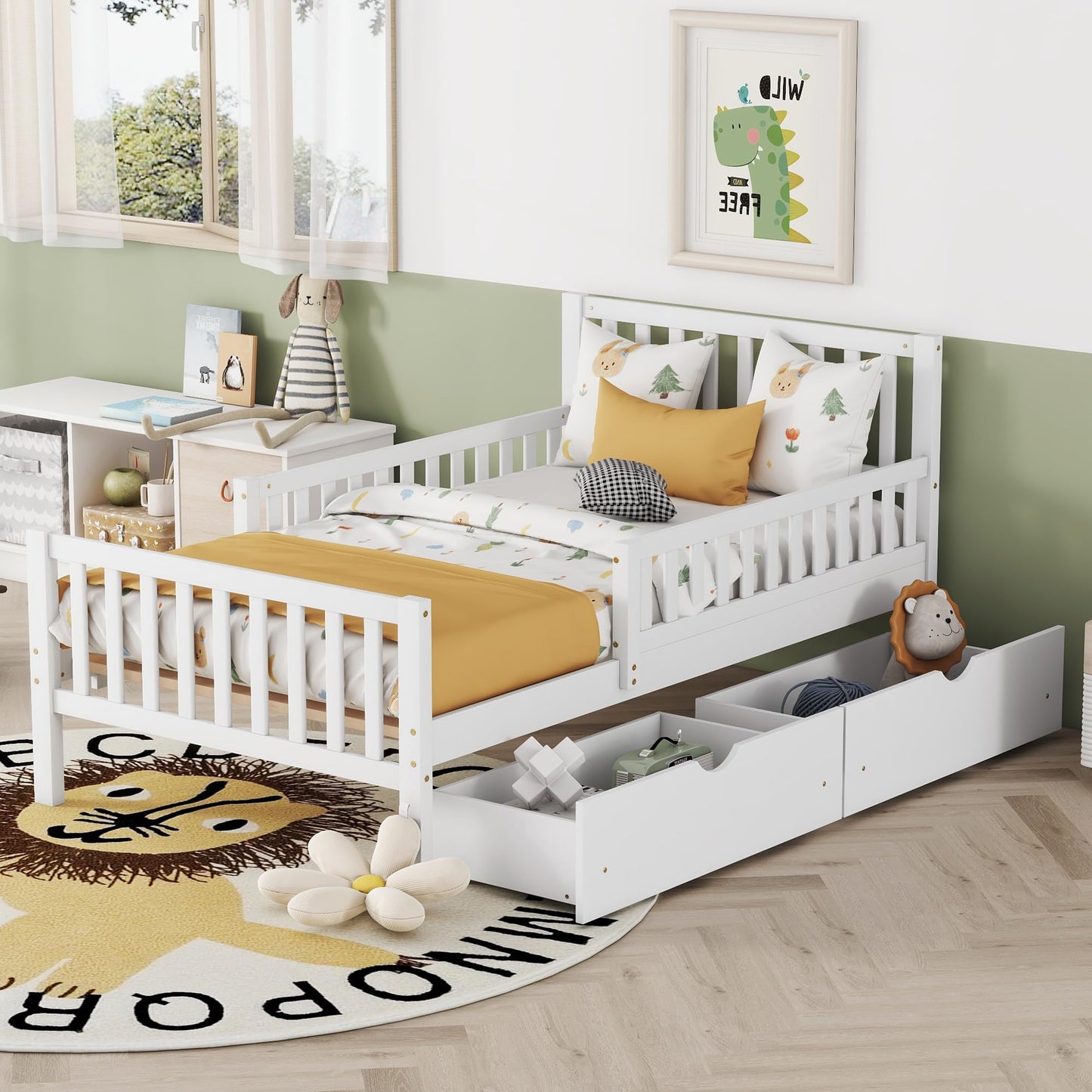 Merax Twin Size Platform Bed with 2 Storage Drawers and Both Sides Guardrails, Wood Bed Frame for Bedroom, Guest Room, No Box Spring Needed, White