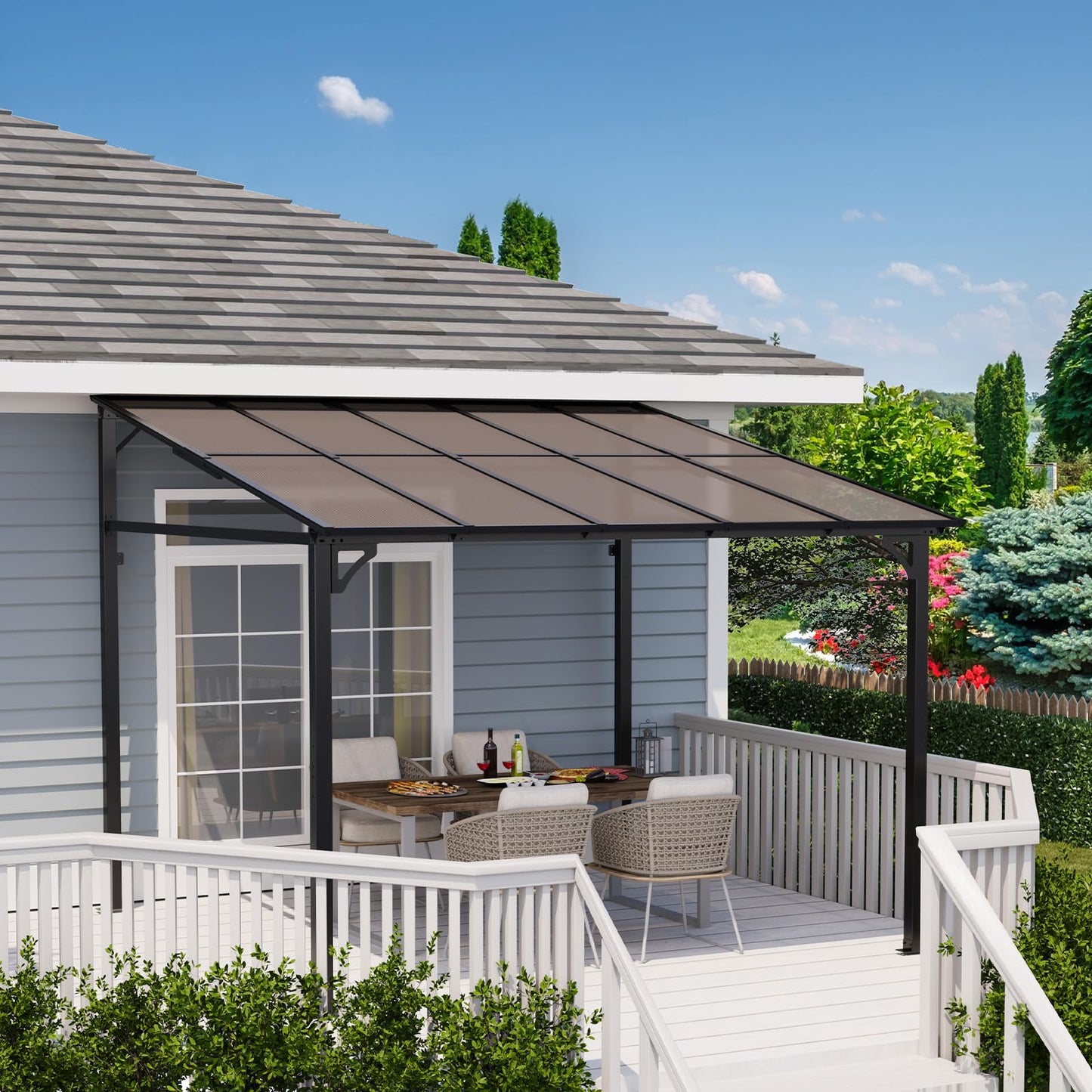 Hetoy 10 x 10 FT Wall Mounted Gazebo Pergola for Patio, Hardtop Gazebo with Sloped Polycarbonate Roof, Lean to Carport with 4-Pillar Aluminum Frame, Outdoor Garden Deck Shade for Decks, Backyard
