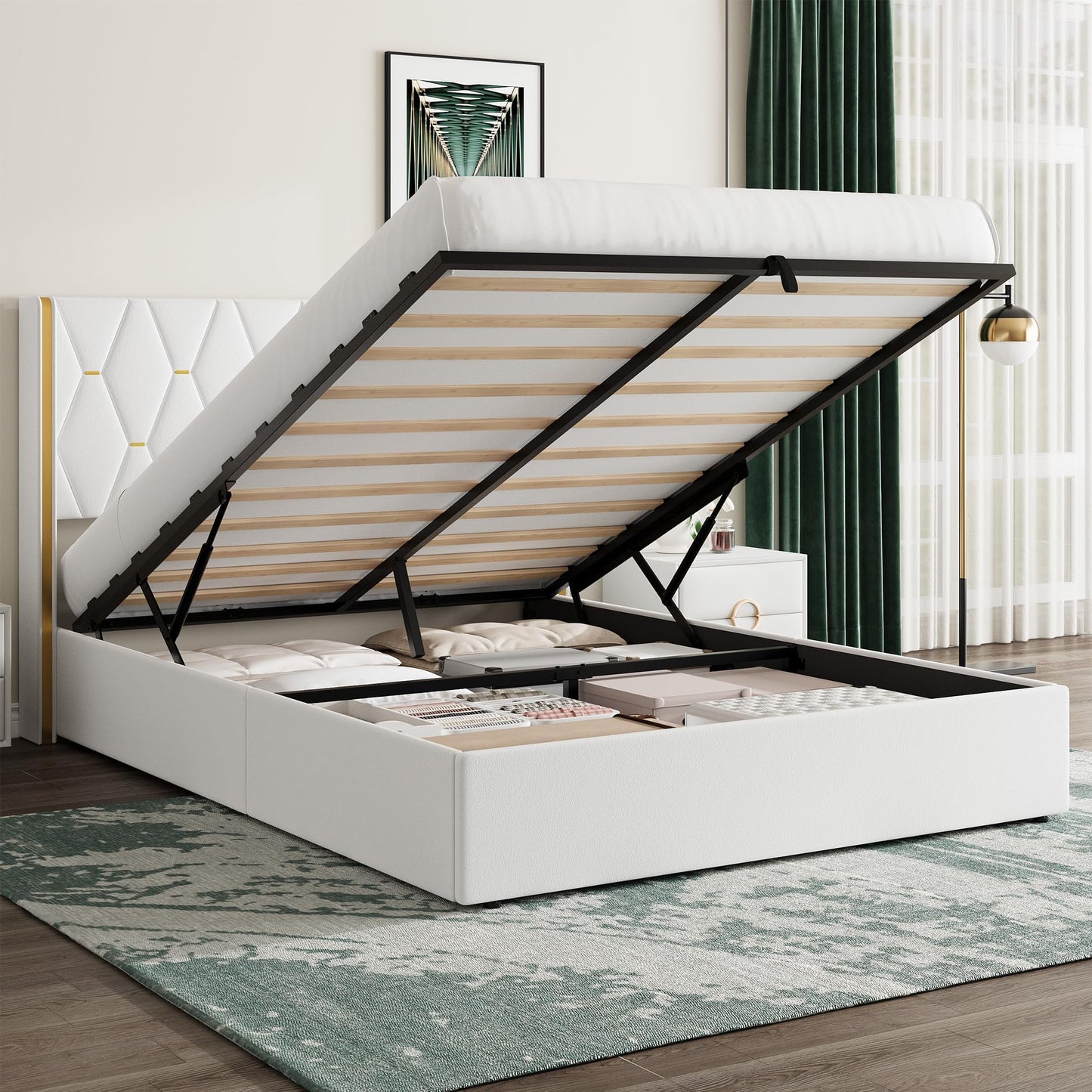 IDEALHOUSE Full Size Lift Up Storage Bed Frame, Modern Diamond Tufted Wingback Headboard, Hydraulic Support & Underneath Storage, Suede Upholstered Platform Bed, No Box Spring Needed