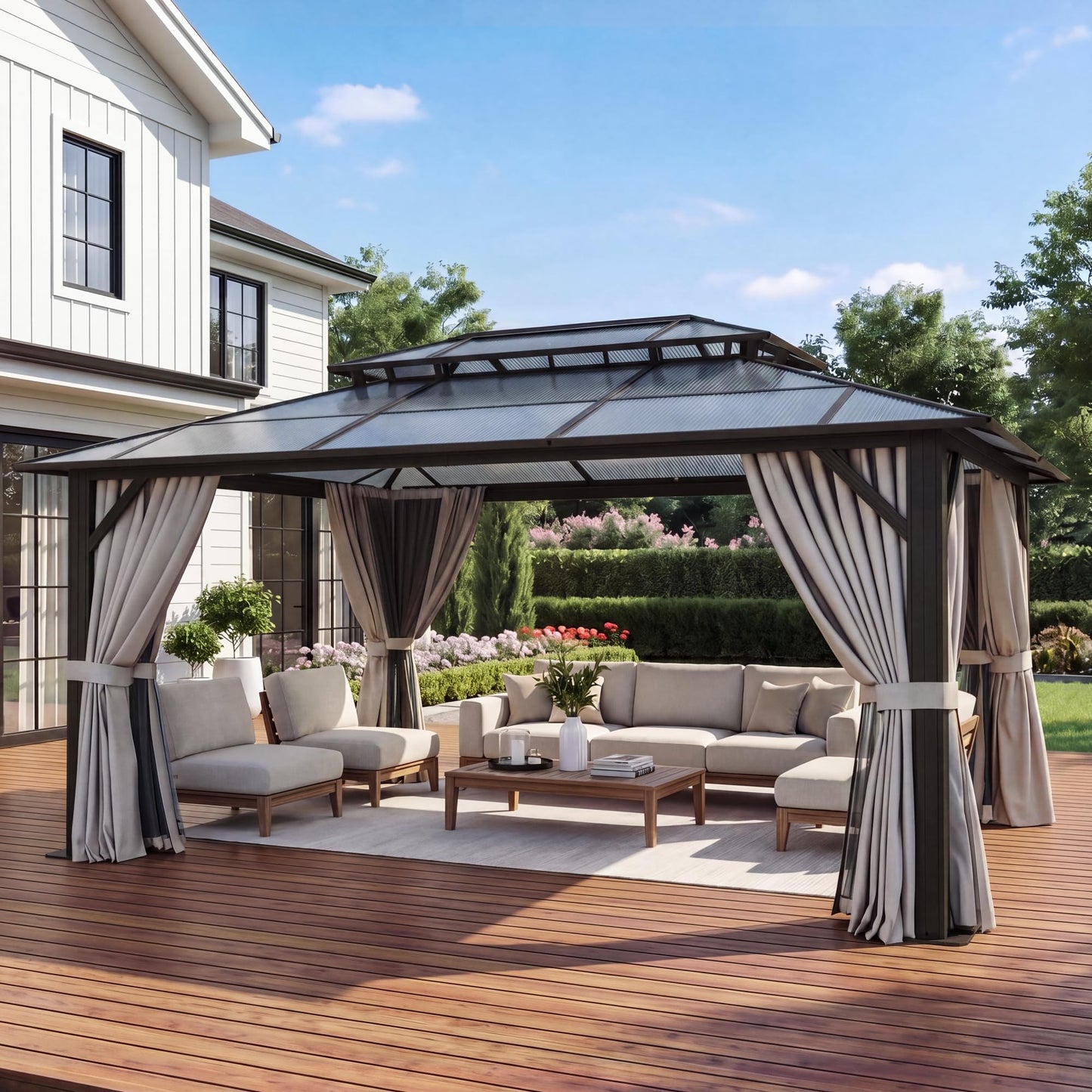 Breezestival 10'x12' Hardtop Gazebo Outdoor Permanent Gazebo with Double Polycarbonate Roof Canopy, Aluminum Frame Permanent Pavilion with Curtains and Netting for Patio,Garden,Lawns