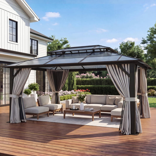 Breezestival 10'x12' Hardtop Gazebo Outdoor Permanent Gazebo with Double Polycarbonate Roof Canopy, Aluminum Frame Permanent Pavilion with Curtains and Netting for Patio,Garden,Lawns