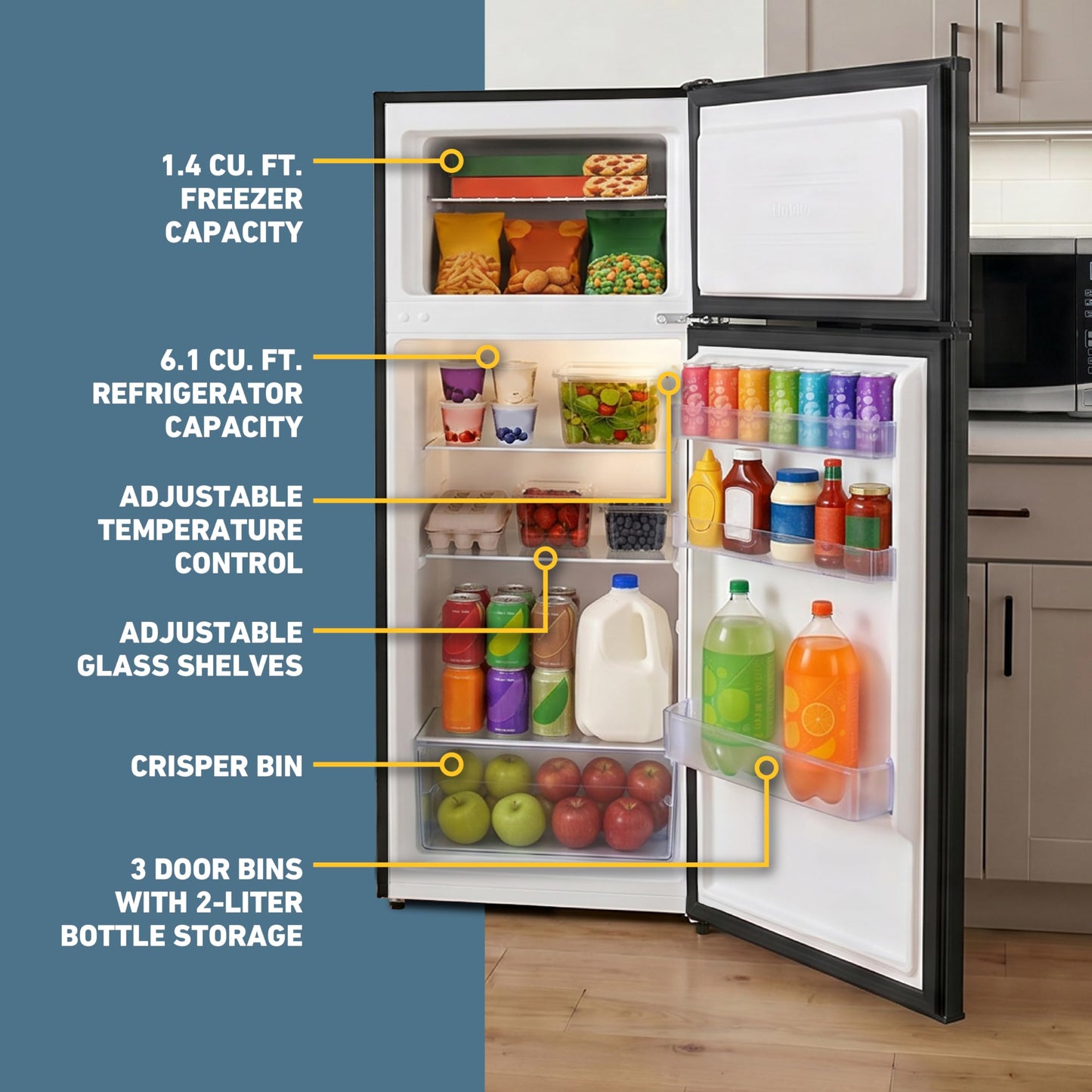 West Bend Apartment Refrigerator Freestanding Reversible Dual Doors Full Fridge with Freezer, Full-Range Temperature Control with Adjustable and Removable Door Bins and Shelves, 7.5-Cu.Ft, Black