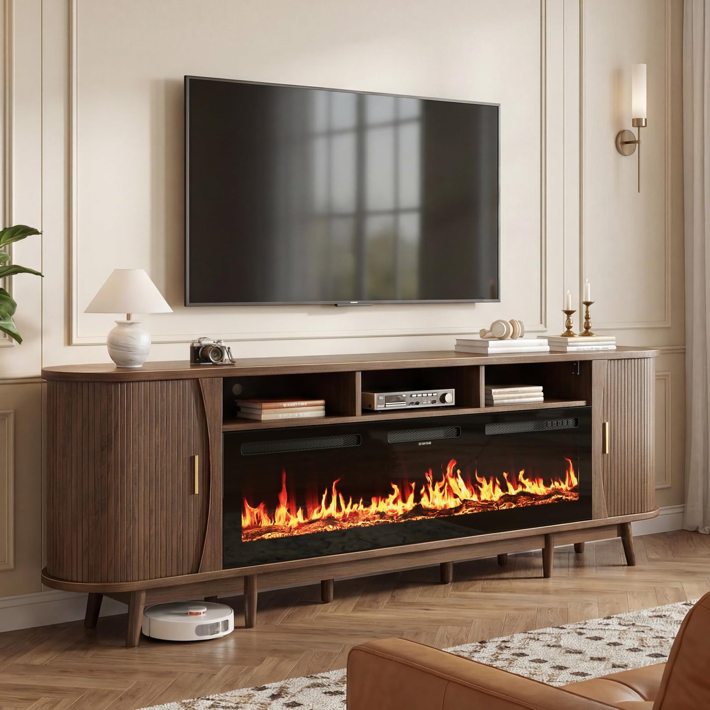 MXV 97" TV Stand with 60" Electric Fireplace, Mid Century Modern Fireplace TV Stand with Sliding Doors & Adjustable Shelves, Large TV Console for Living Room, Walnut