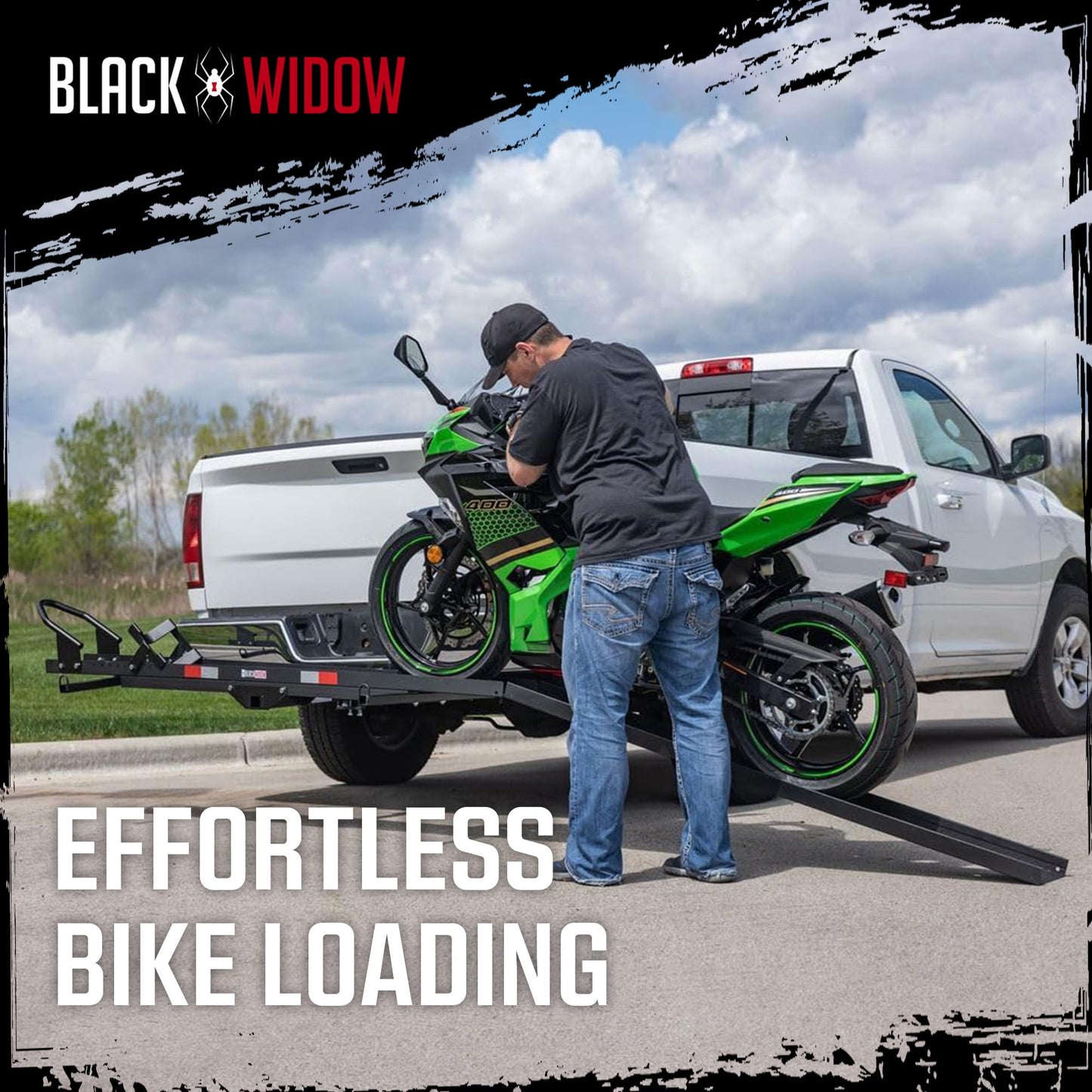 Black Widow Steel Motorcycle Carrier with Ramp for 2-Inch Receiver, 600 lb Capacity - Hitch-Mounted Dirt Bike and Scooter Hauler with Grit-Coated Track and Anti-Rattle Device for SUVs and Trucks