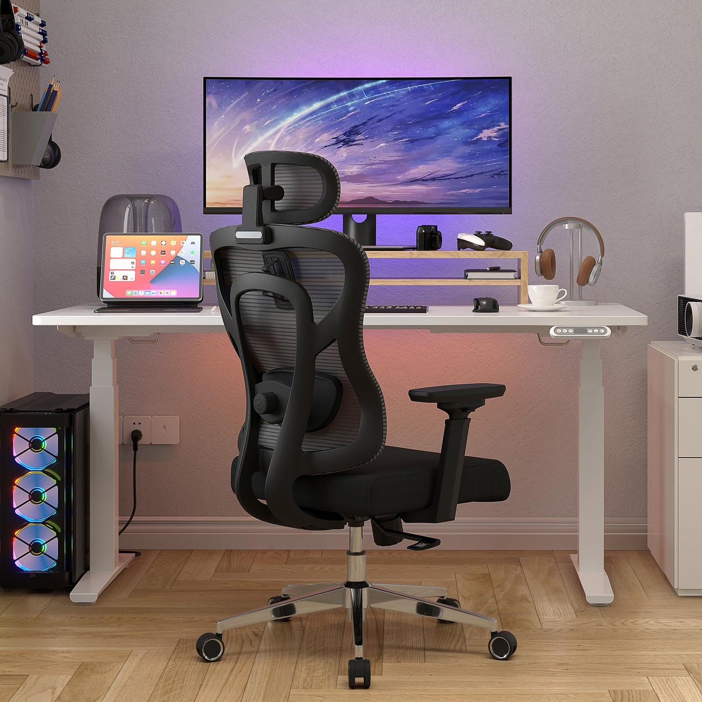 Logicfox Ergonomic Office Chair for Long Hours with Adaptive Thoracic Support – 3D Lumbar System, Adjustable Headrest & Armrests, 330 lbs Capacity